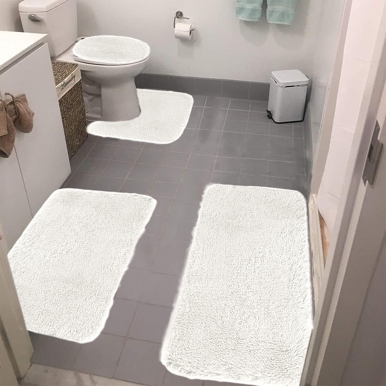Bathroom Rugs Solid Color Bath Mats 3 Set Bath Mats for bathroom Toilet Mats Universal Soft Comfortable Water Absorption Non-Slip Thick Machine Washable Easier to Dry White 2