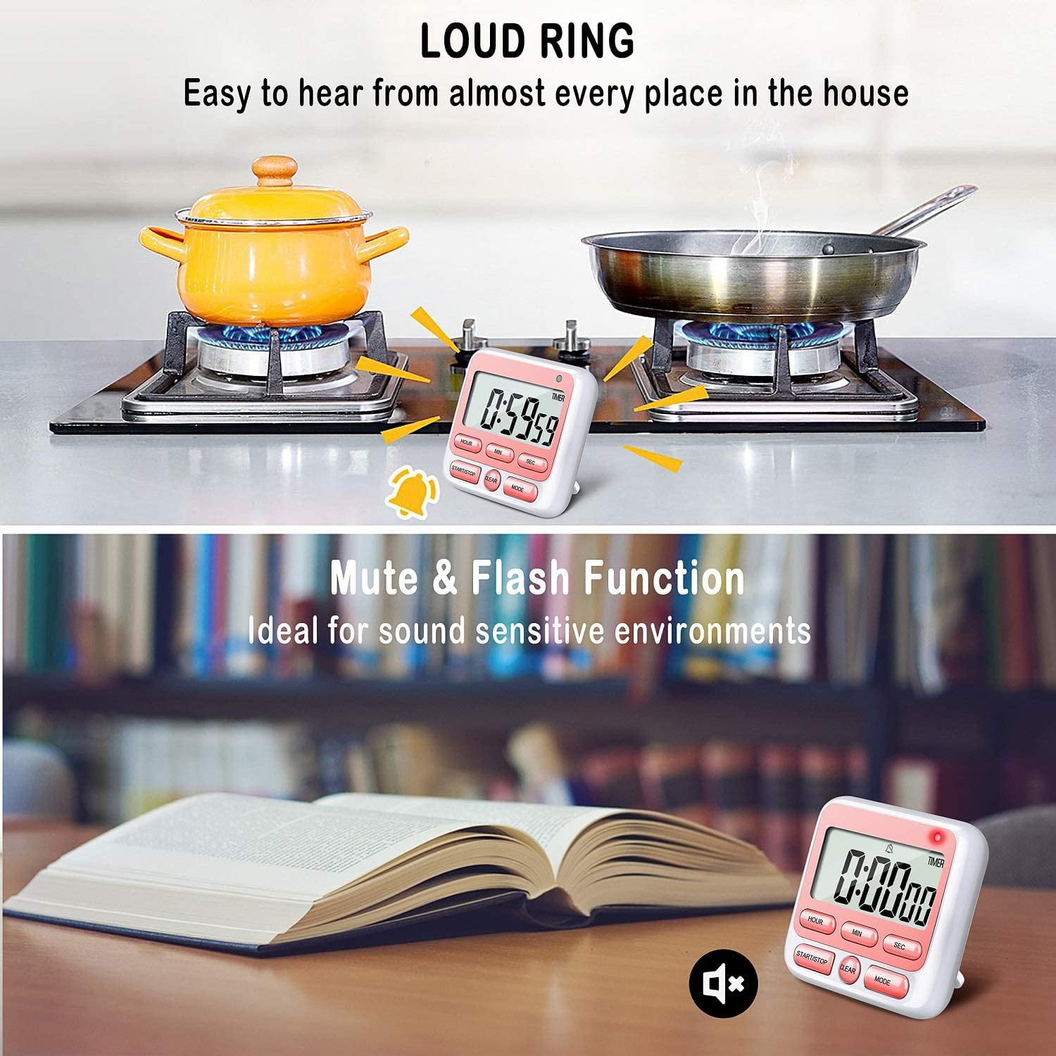 Digital Countdown Kitchen Timer -Count Up Down Magnetic Timer Clock for Cooking Baking Gym Students Pink
