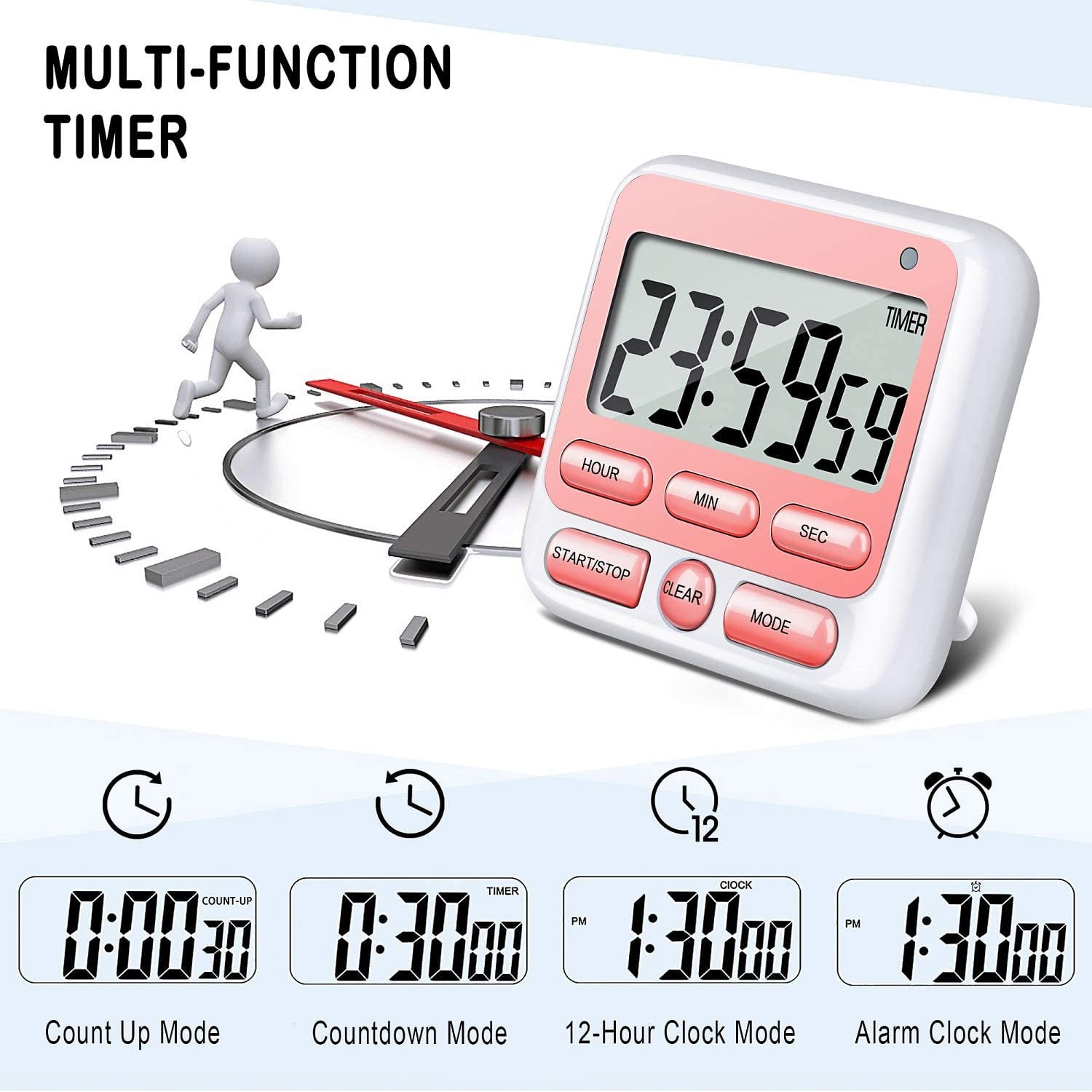 Digital Countdown Kitchen Timer -Count Up Down Magnetic Timer Clock for Cooking Baking Gym Students Pink