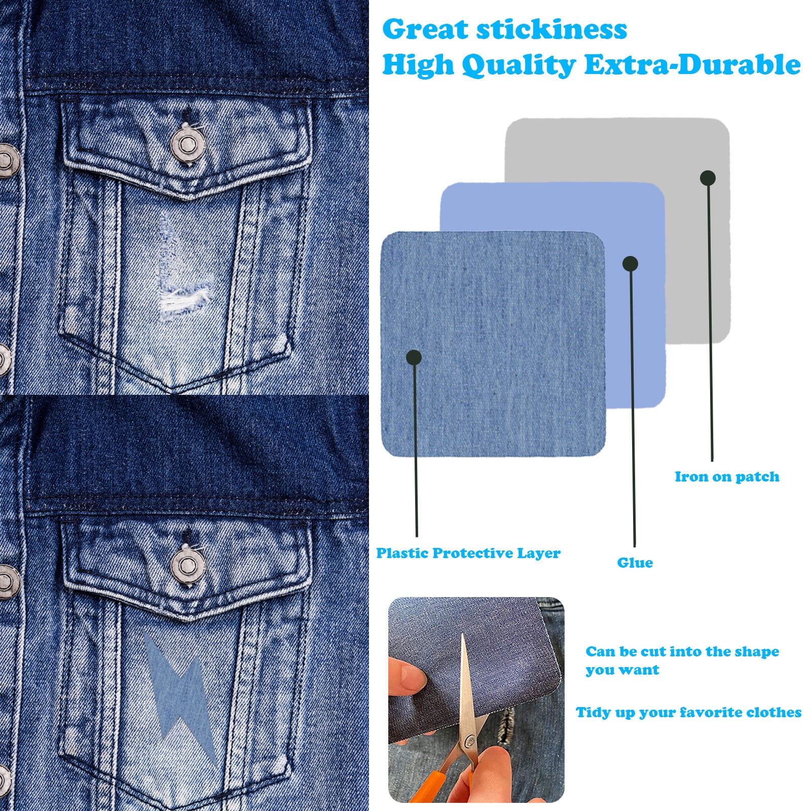 JWDX Hot Clearance! Denim Iron on Jean Patches Inside & Outside Strongest Glue Assorted Shades of Blue Repair Decorating 2.75 Inch