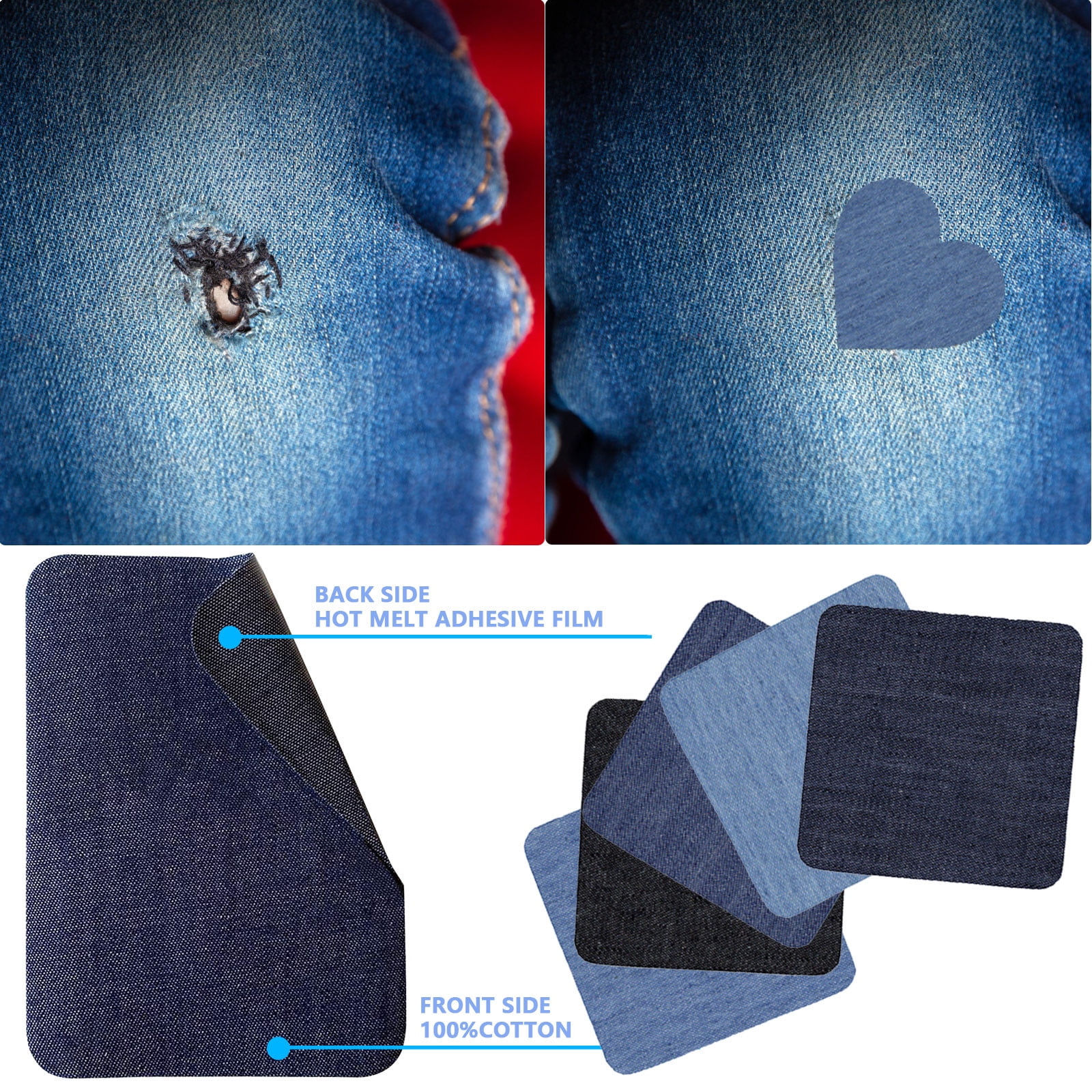 JWDX Hot Clearance! Denim Iron on Jean Patches Inside & Outside Strongest Glue Assorted Shades of Blue Repair Decorating 2.75 Inch