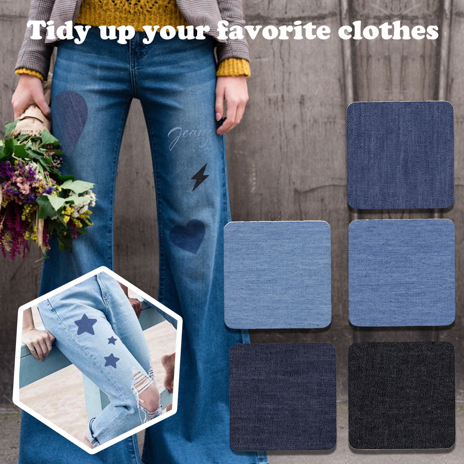JWDX Hot Clearance! Denim Iron on Jean Patches Inside & Outside Strongest Glue Assorted Shades of Blue Repair Decorating 2.75 Inch