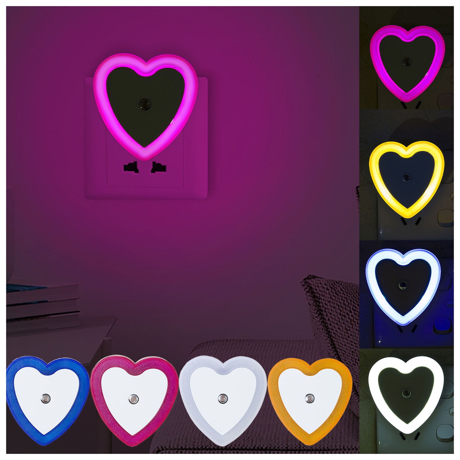 Eguiwyn Night light Heart Shape Plug-in Intelligent Light Sensor Control LED Night Light Lamp For Bedroom Hallway Night Lights White