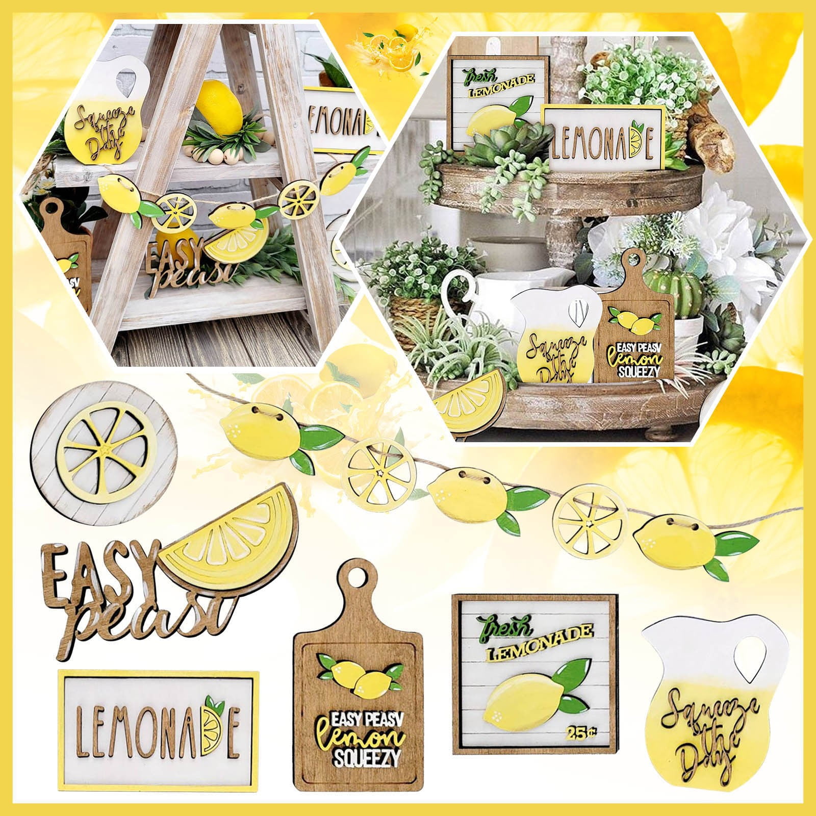 JWDX Wooden Clearance Signs Mini Graduation Lemon Tiered Summer Farm Tiered Rustic Tray Style Wooden Decor Decorations Tray Desktop Ornament Yellow