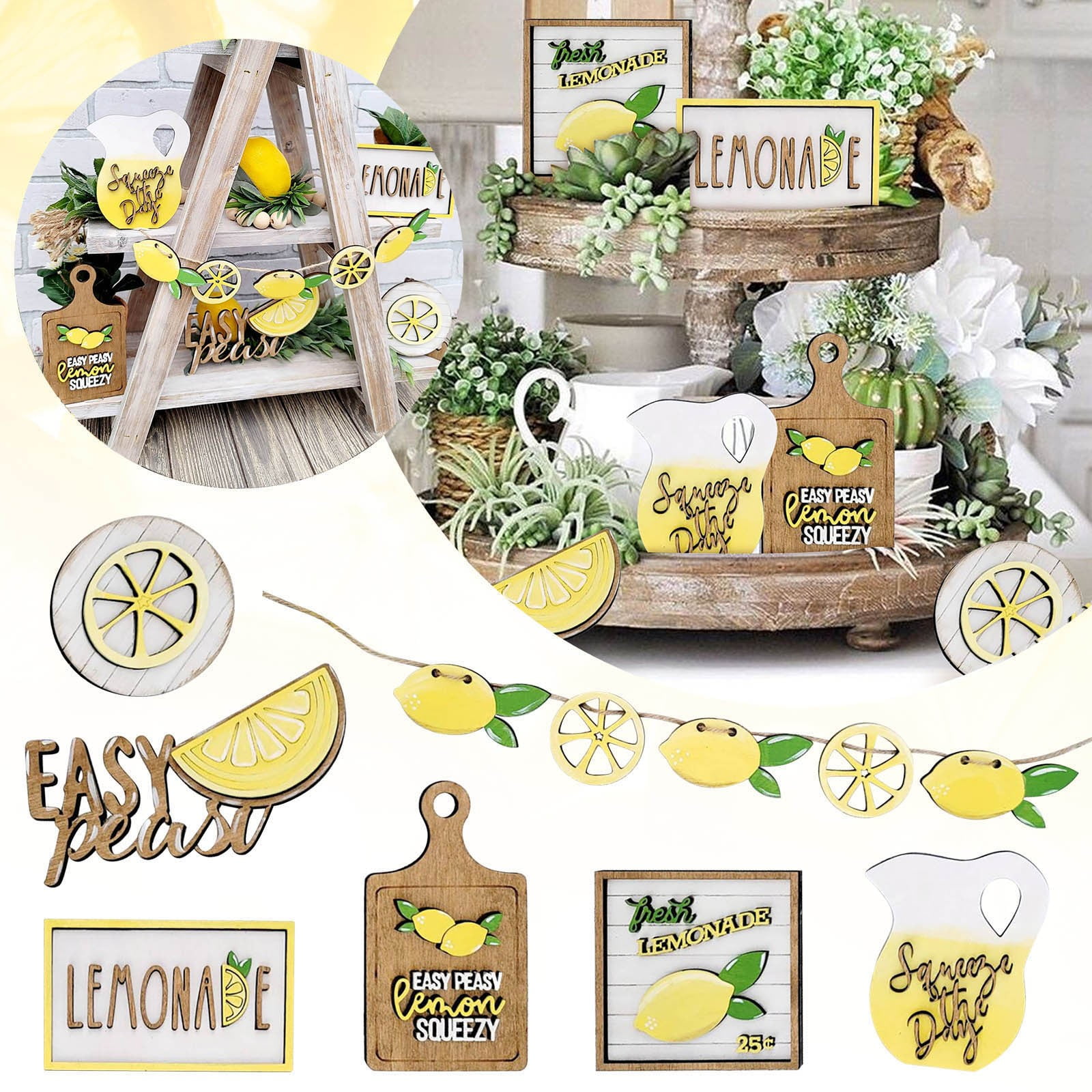 JWDX Wooden Clearance Signs Mini Graduation Lemon Tiered Summer Farm Tiered Rustic Tray Style Wooden Decor Decorations Tray Desktop Ornament Yellow