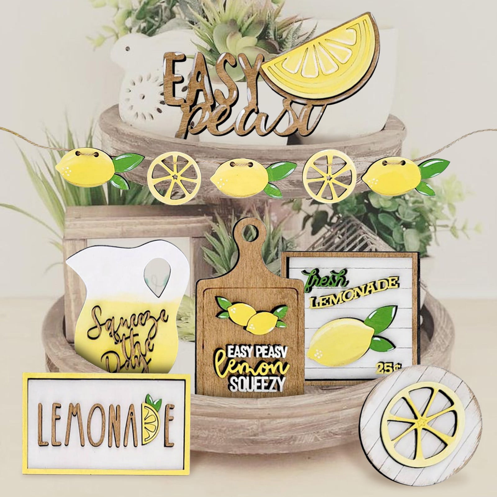 JWDX Wooden Clearance Signs Mini Graduation Lemon Tiered Summer Farm Tiered Rustic Tray Style Wooden Decor Decorations Tray Desktop Ornament Yellow