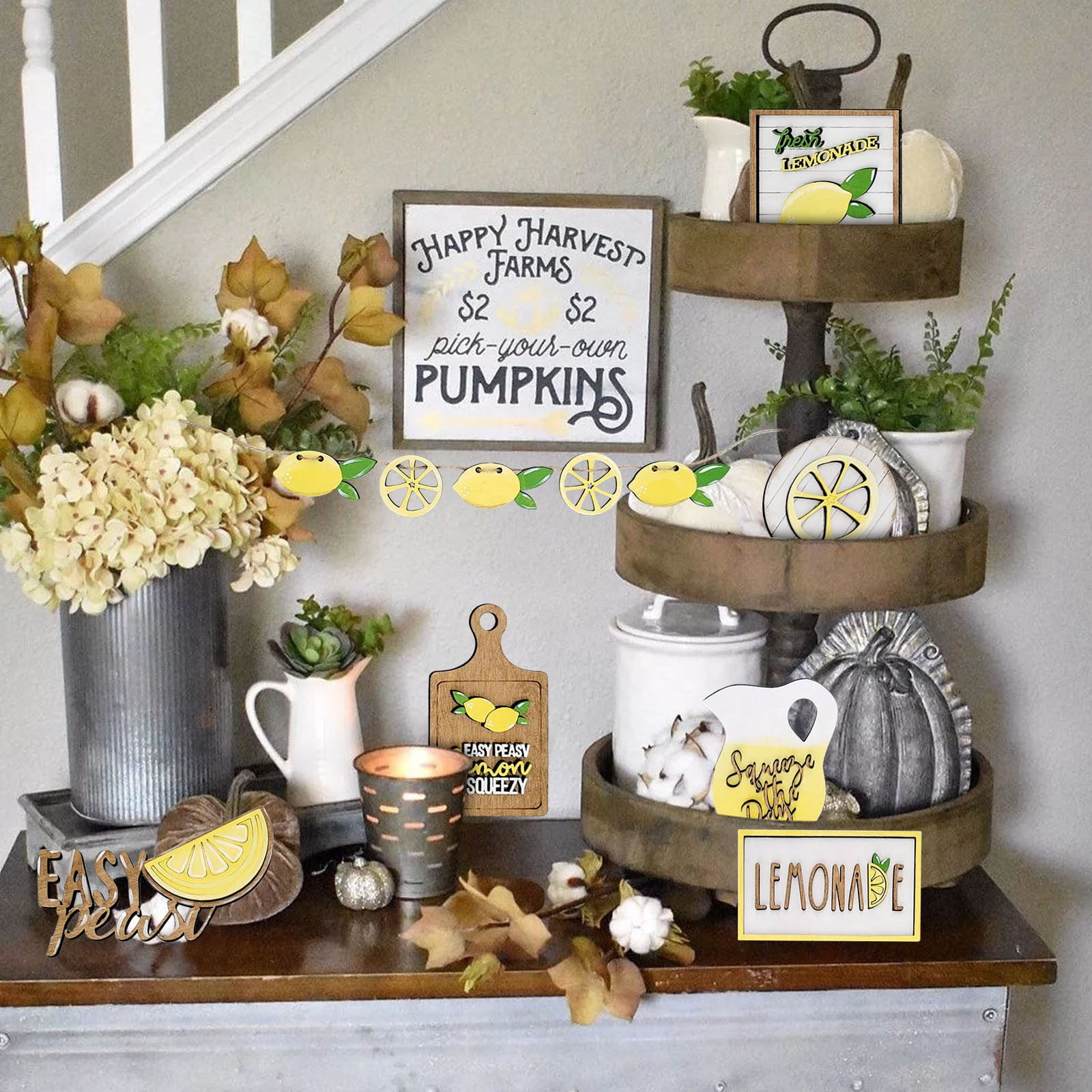 JWDX Wooden Clearance Signs Mini Graduation Lemon Tiered Summer Farm Tiered Rustic Tray Style Wooden Decor Decorations Tray Desktop Ornament Yellow