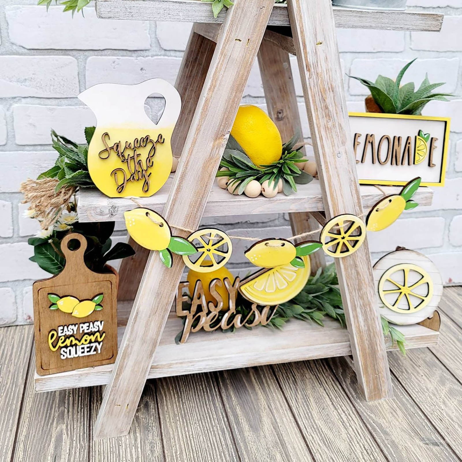 JWDX Wooden Clearance Signs Mini Graduation Lemon Tiered Summer Farm Tiered Rustic Tray Style Wooden Decor Decorations Tray Desktop Ornament Yellow