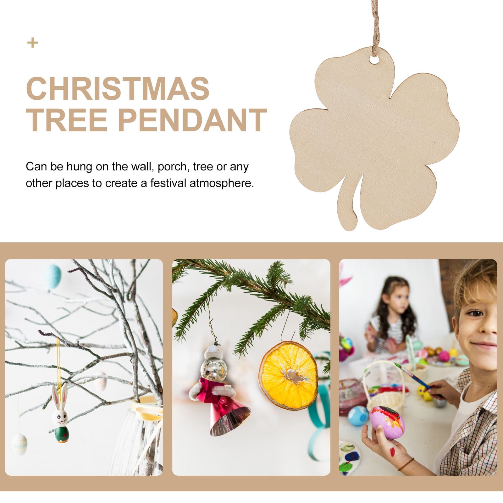 Ortofally 20pcs Four Leaf Ornaments Hanging Decor Unfinished Wooden Ornaments Wooden Shamrock Cutouts Wooden Slices Party Favors for DIY Crafts Beige
