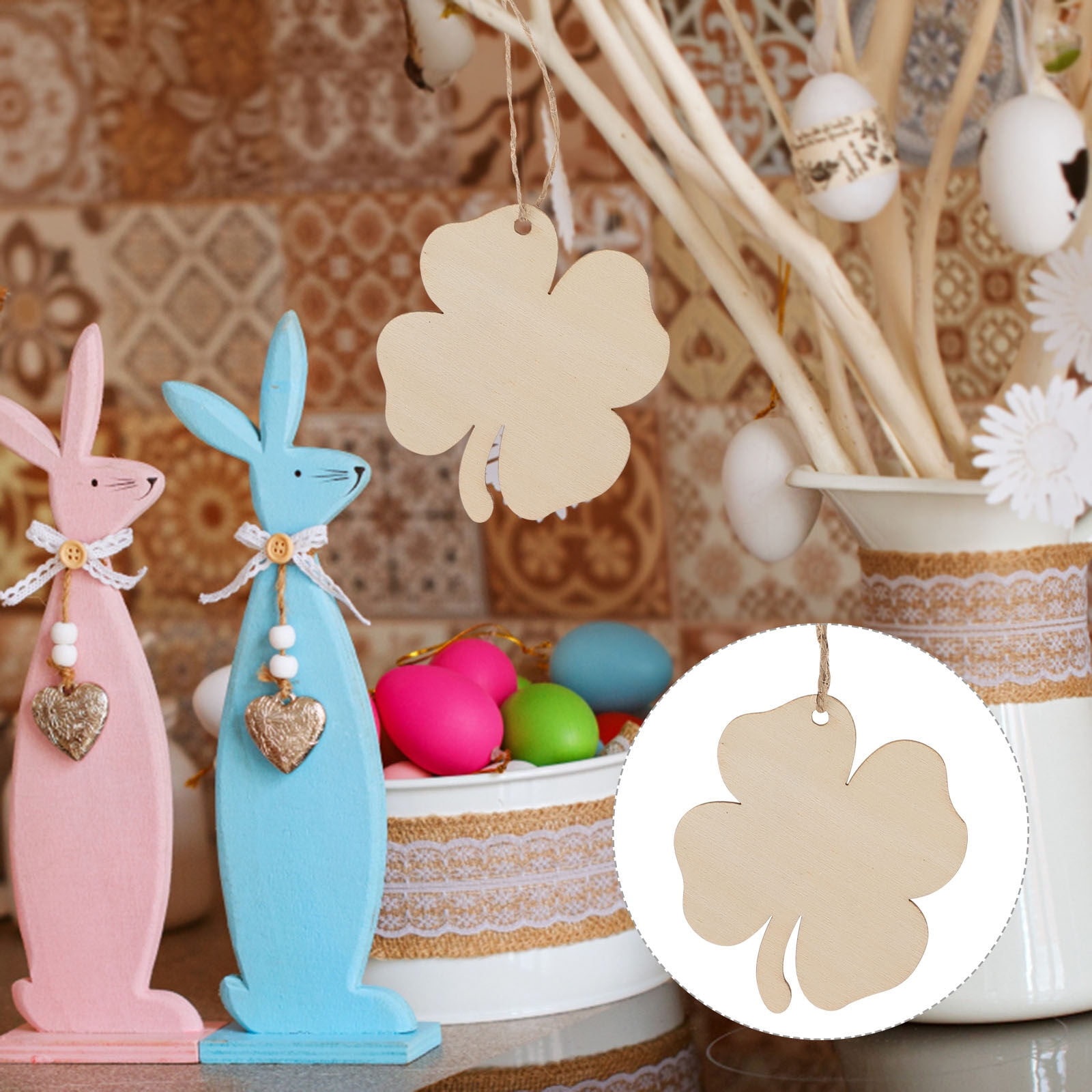 Ortofally 20pcs Four Leaf Ornaments Hanging Decor Unfinished Wooden Ornaments Wooden Shamrock Cutouts Wooden Slices Party Favors for DIY Crafts Beige