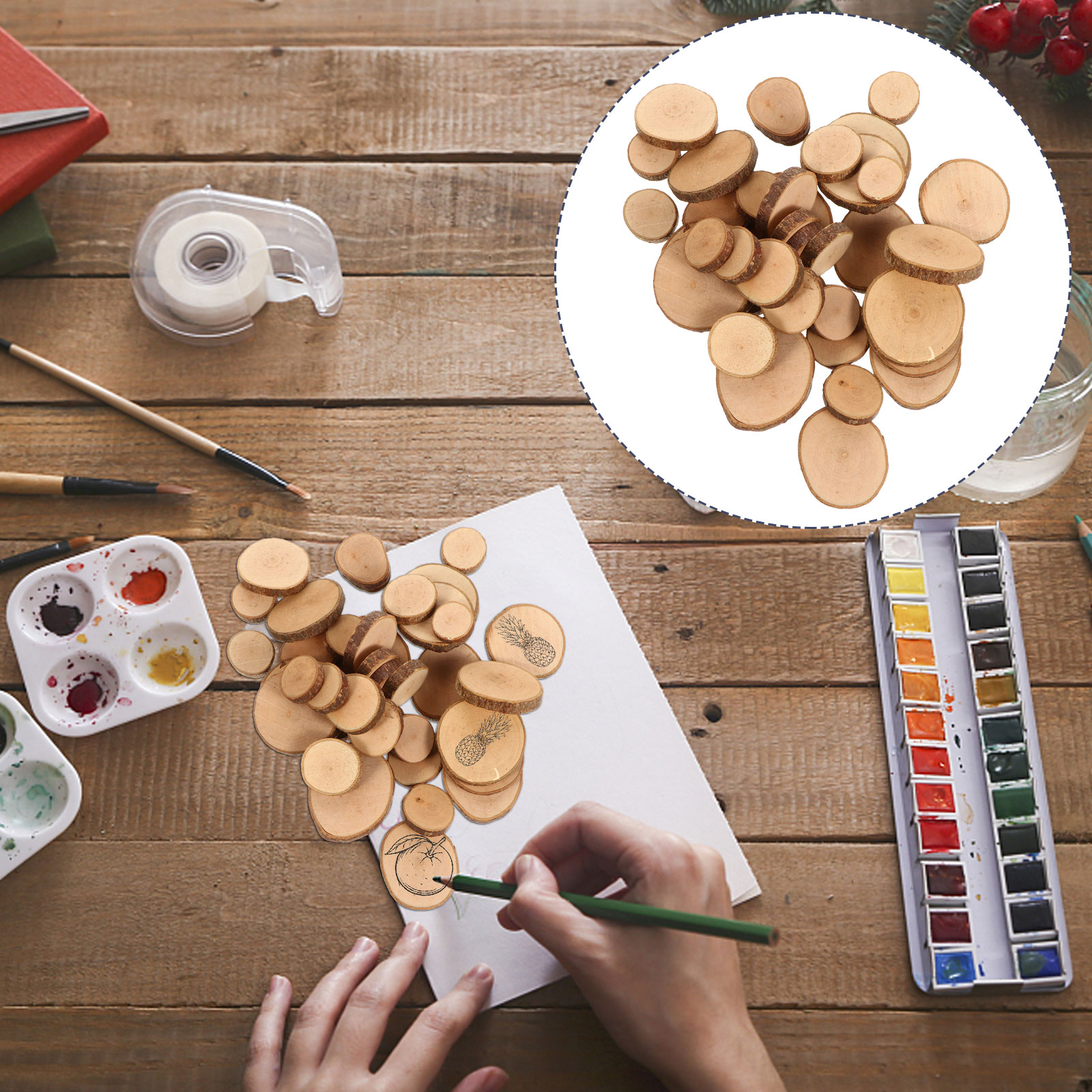 SWETRACE 1 Set Diy Wood Slices for Wedding Decorations Light Brown Round Bark Shapes Smooth Surface