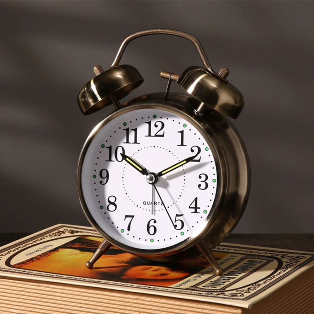 Luolandi 1x Bedside Alarm Clock with Twin Bell Vintage Battery Analogue Quartz Loud Alarm Vronze Gold