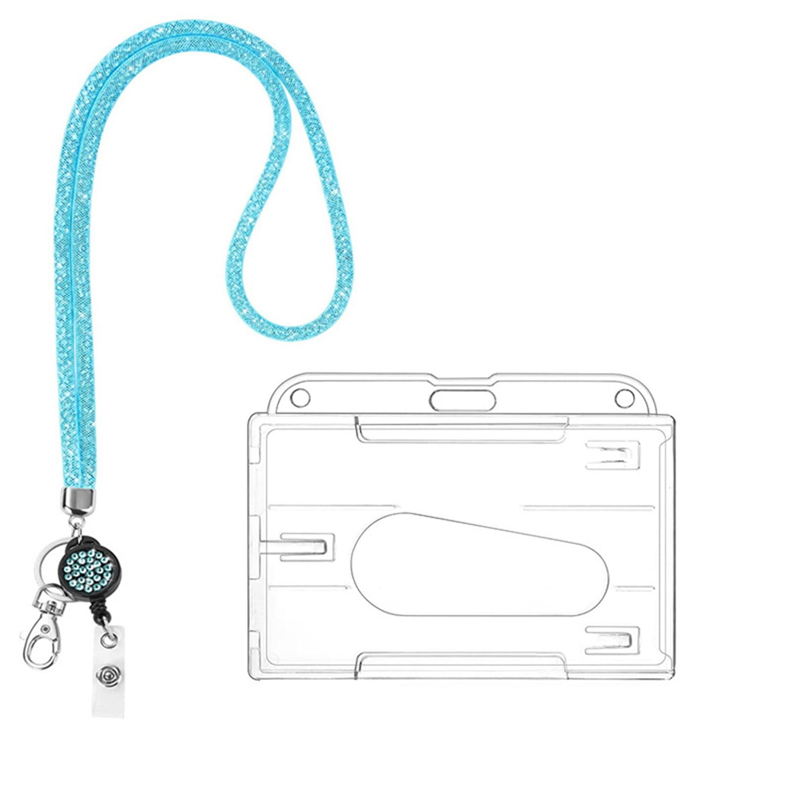 Retractable ID Badge Holder with Bling Neck Strap Lanyard, Heavy Duty Bling Badge Reel with Clear Card Holder for Office Worker Teacher Doctor (Sky Blue/1 Pcs) 3.54x2.64 3.54" x 2.64" Silver