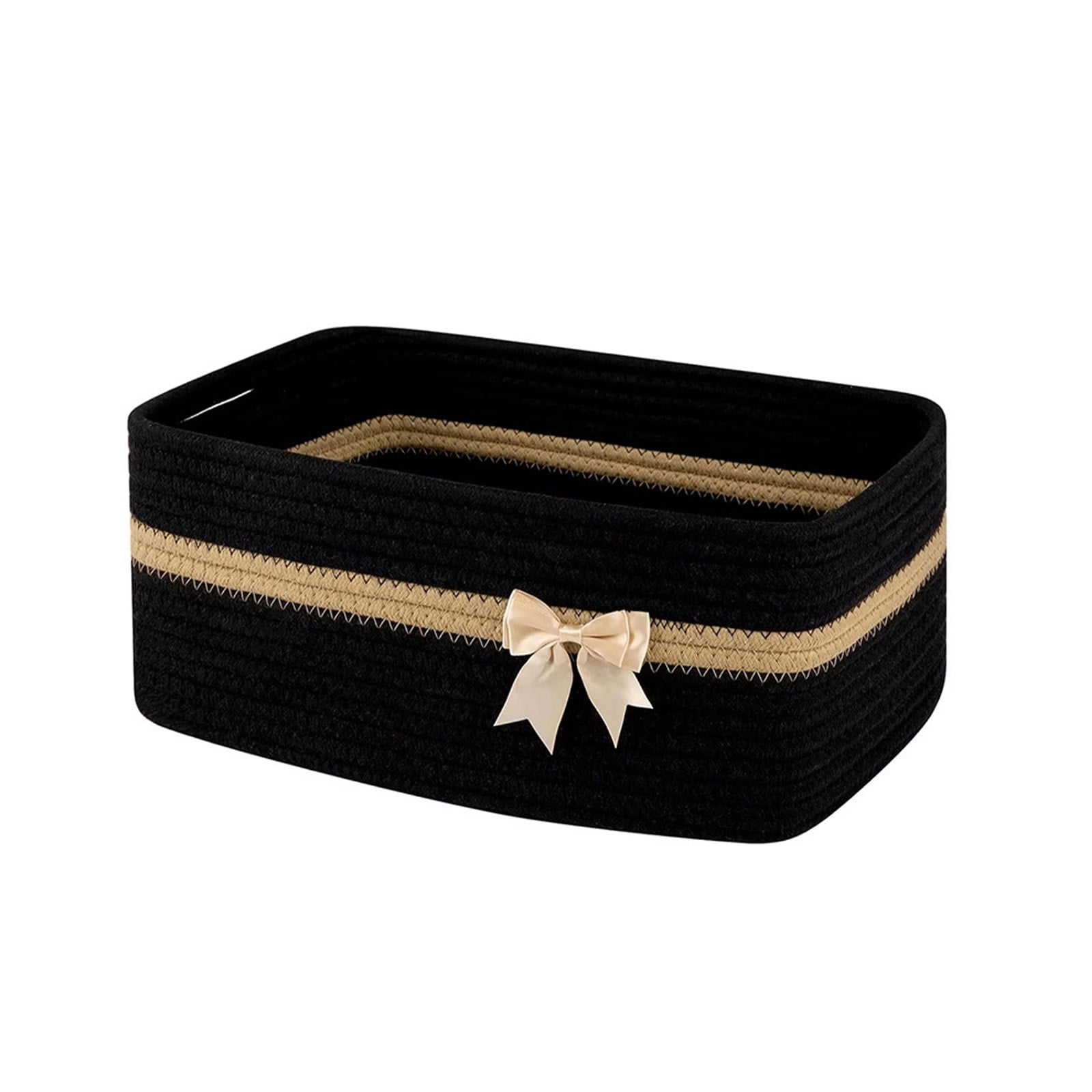 Large Woven Storage Basket, Holiday Gift Storage Basket with Handles for Living Room Shelves, Bow Basket for Empty with Gift Bags and Ribbons for Pet Toy Bin, Packaging Woven Storage Bin Black