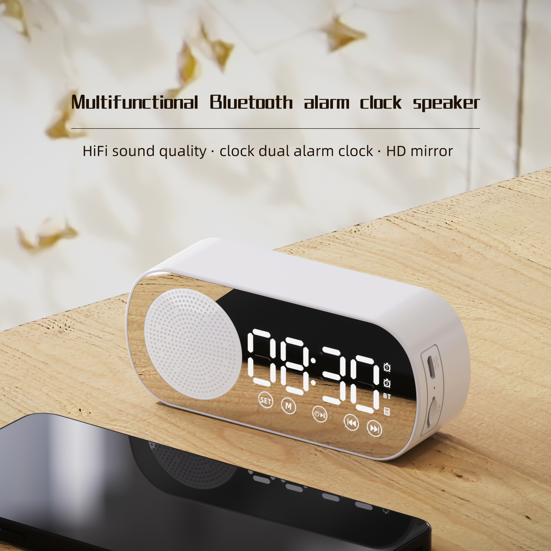 Alarm clock radio - mains powered alarm clock radio - child%27s alarm clock - digital alarm clocks - analog alarm clock - digital alarm clock - digital bedroom alarm clock - Bluetooth speaker - speaker - mirror with light - portable radio - white - 1 piece