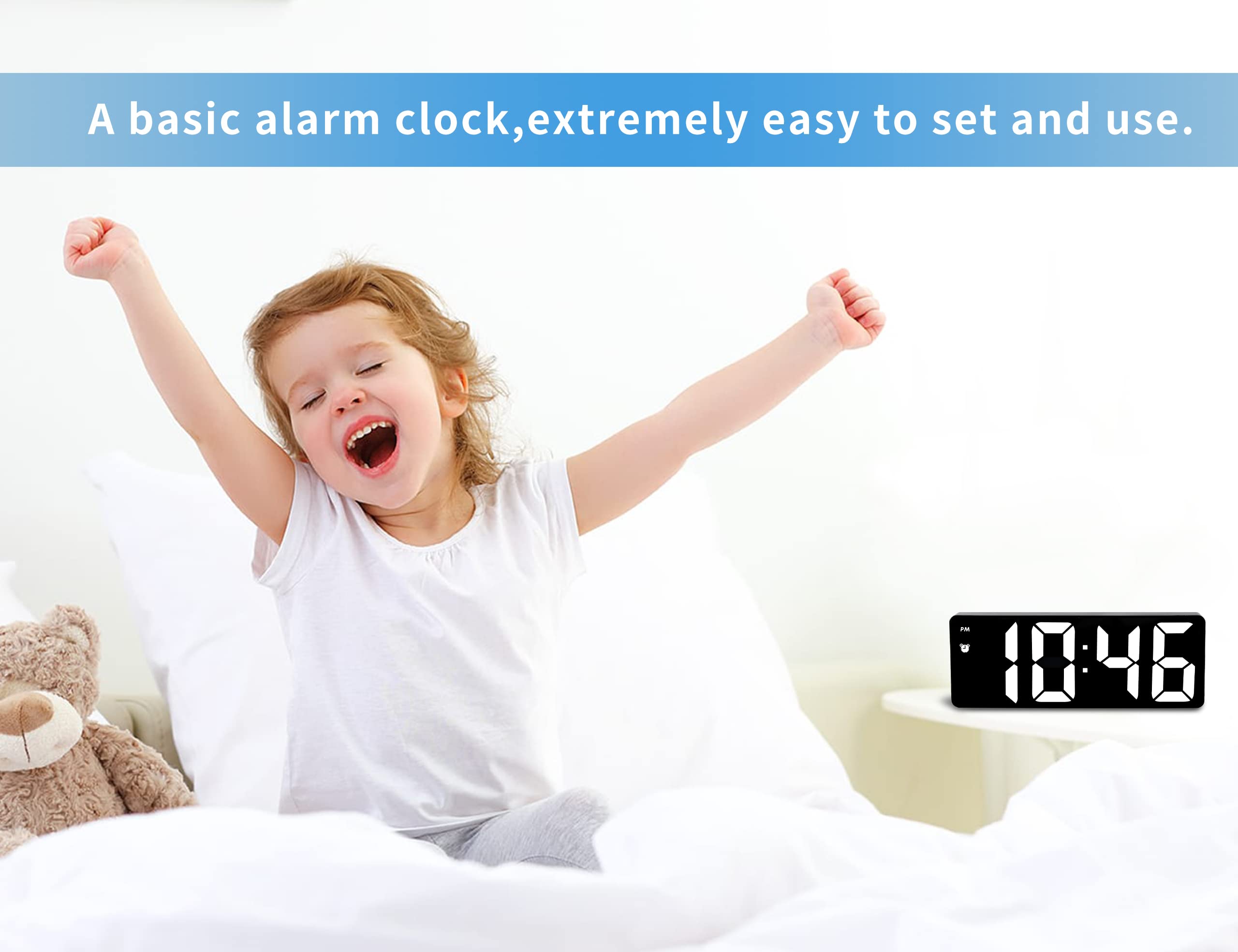 Alarm Clock for Children - Digital Alarm Clock - Time Memory - Voice Control - Adjustable Brightness - LED Mirror Display - with Type-C Interface - 12/24 Hour Display - Perfect for Deep Sleepers - Black