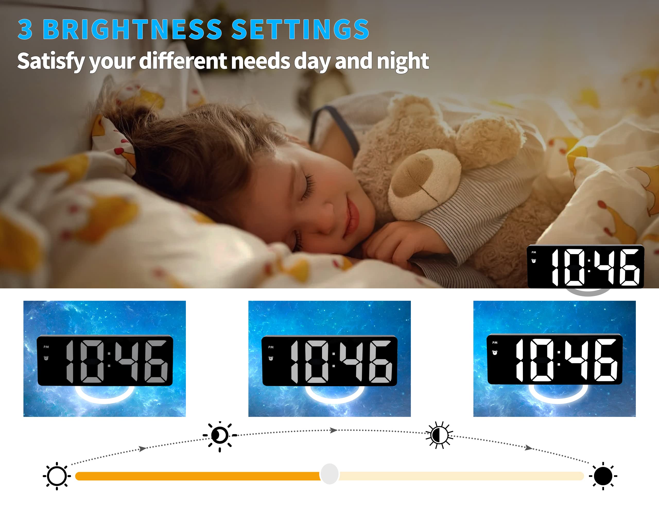 Alarm Clock for Children - Digital Alarm Clock - Time Memory - Voice Control - Adjustable Brightness - LED Mirror Display - with Type-C Interface - 12/24 Hour Display - Perfect for Deep Sleepers - Black