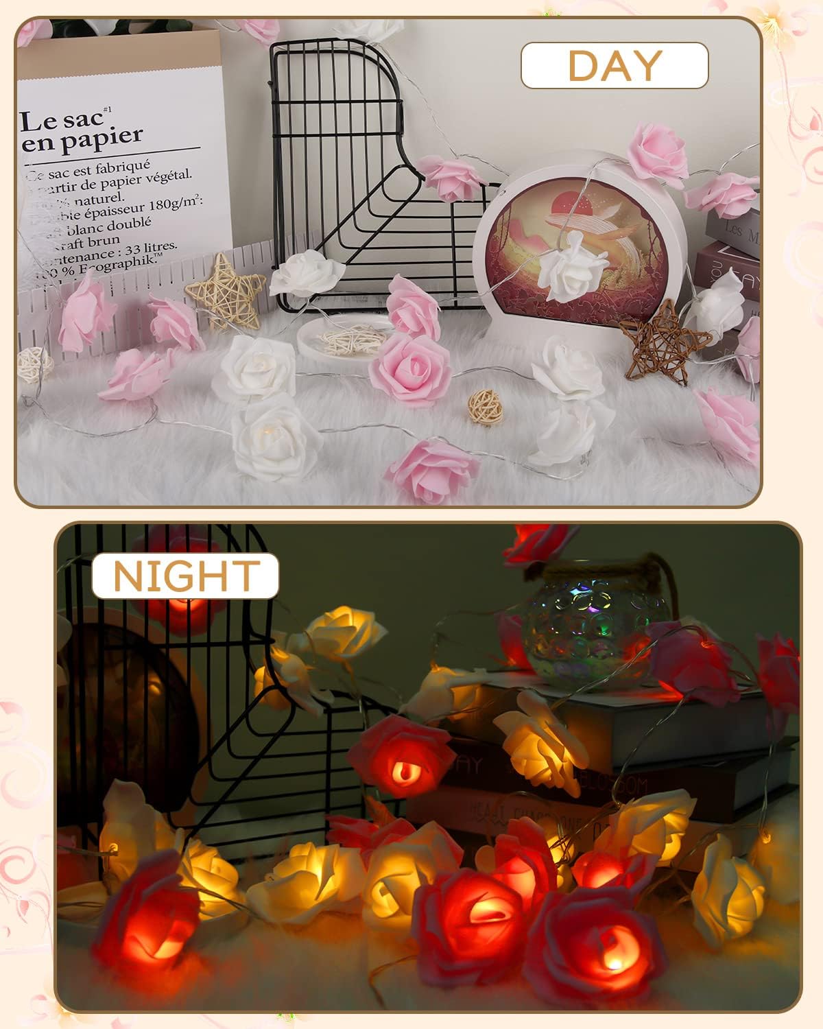 Rose Fairy Lights - Indoor Mood Lighting - Bedroom Decoration - LED Lights - Artificial Flowers - Wedding Decoration - Window Decoration - Valentine%27s Day Gift - Fairy Lights - Home Accessories - Party Lighting - Pink and White - 1 Piece
