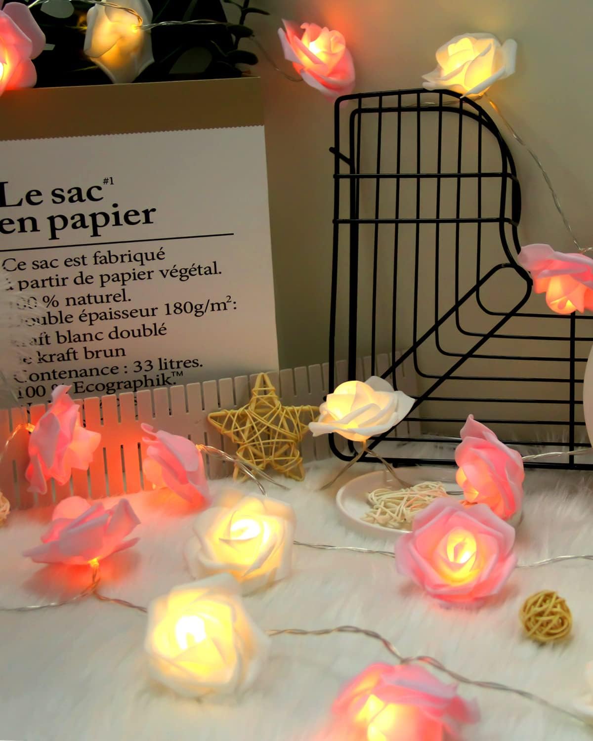 Rose Fairy Lights - Indoor Mood Lighting - Bedroom Decoration - LED Lights - Artificial Flowers - Wedding Decoration - Window Decoration - Valentine%27s Day Gift - Fairy Lights - Home Accessories - Party Lighting - Pink and White - 1 Piece