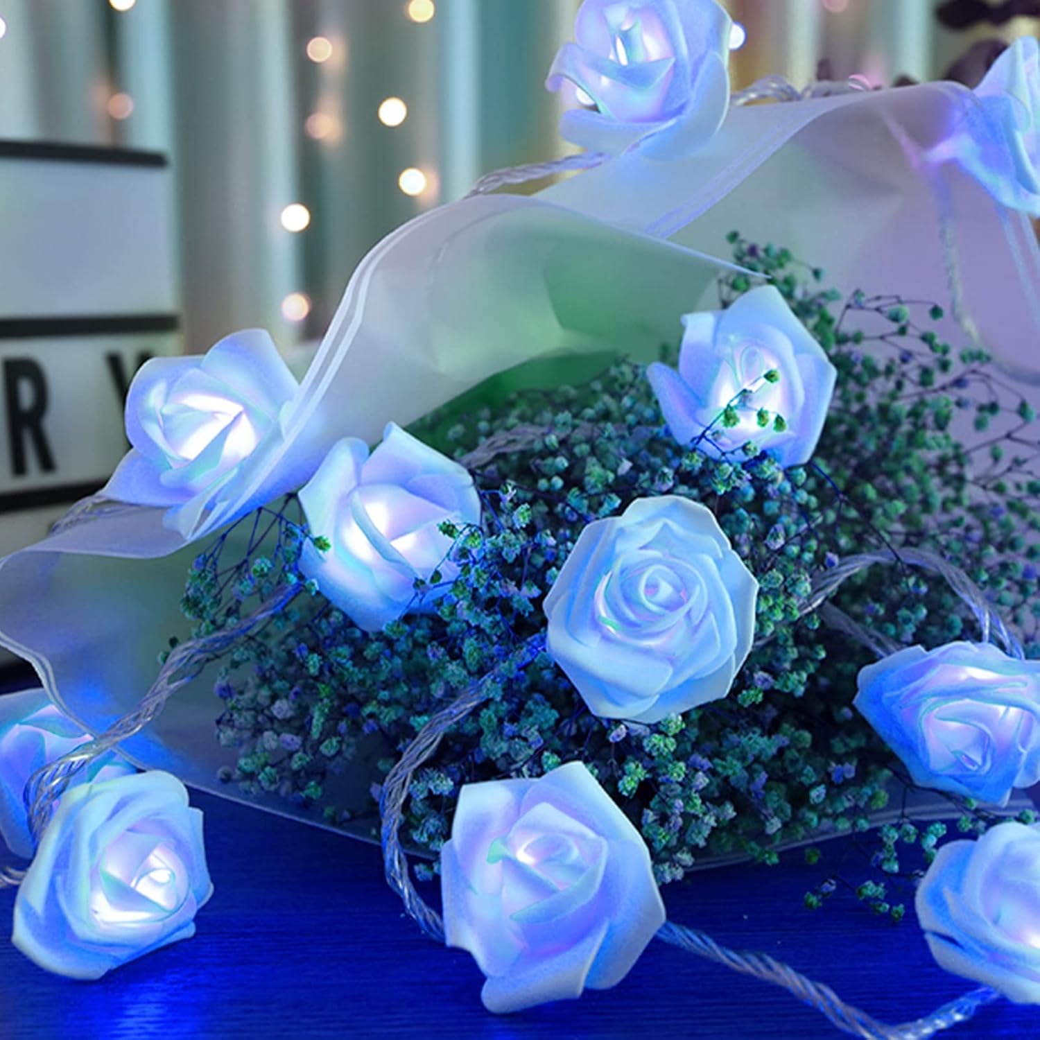Rose Fairy Lights - Indoor Mood Lighting - Bedroom Decoration - LED Lights - Artificial Flowers - Wedding Decoration - Window Decoration - Valentine%27s Day Gift - Fairy Lights - Home Accessories - Party Lighting - Blue - 1 Piece