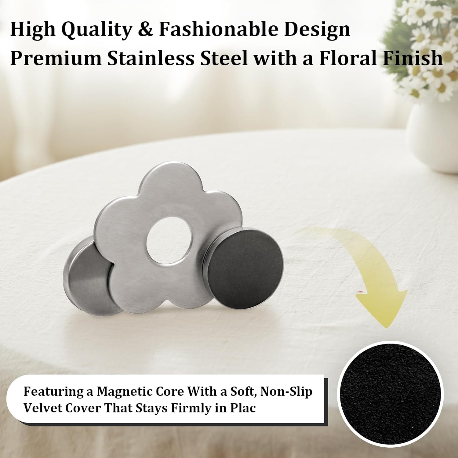 Tablecloth clips - Tablecloth weights - Magnetic clips - Tablecloth holder - Garden accessories - Picnic accessories - Windstopper tablecloth - Table accessories - Outdoor dining - Magnetic weight - Leaf design - Silver - 8 pieces