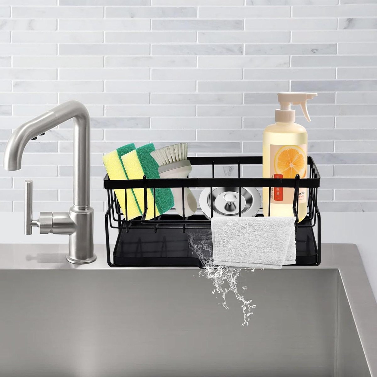 Allecta - Sponge holder and organizer for sink - Draining rack and soap dish with brush holder - Kitchen storage accessories - Grey.