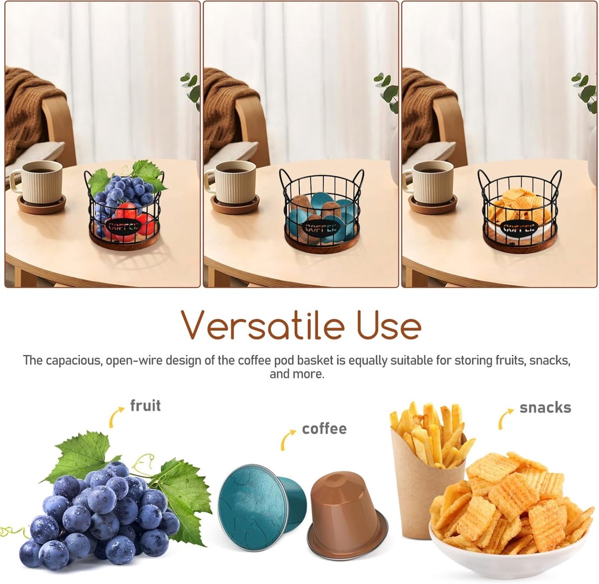 Storage basket - Storage rack - Coffee capsule storage rack - Fruit basket - Home storage accessories - Wooden base - Suitable for home