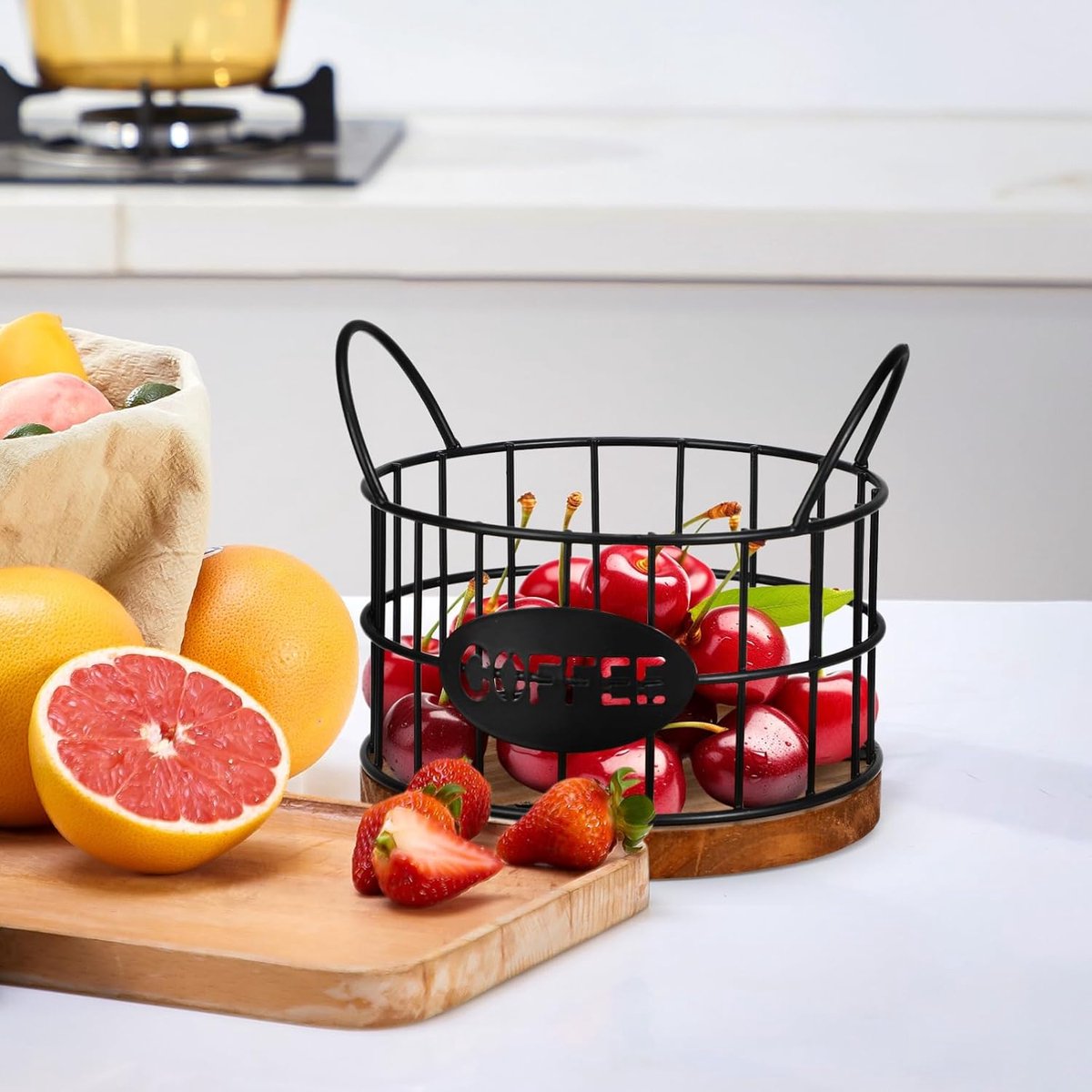 Storage basket - Storage rack - Coffee capsule storage rack - Fruit basket - Home storage accessories - Wooden base - Suitable for home
