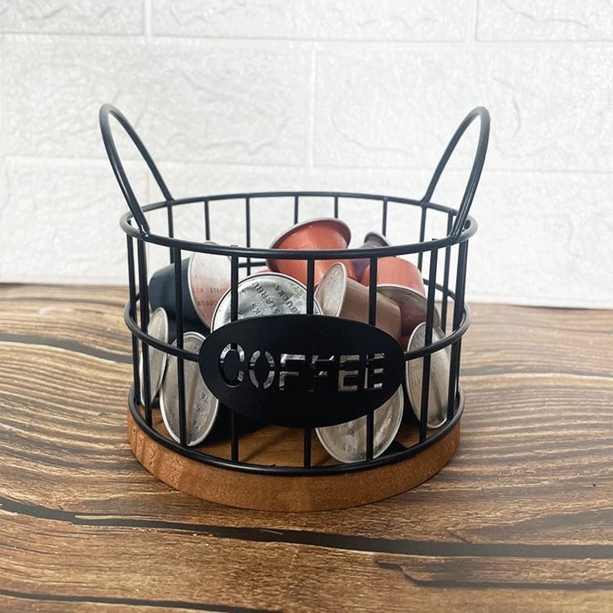 Storage basket - Storage rack - Coffee capsule storage rack - Fruit basket - Home storage accessories - Wooden base - Suitable for home