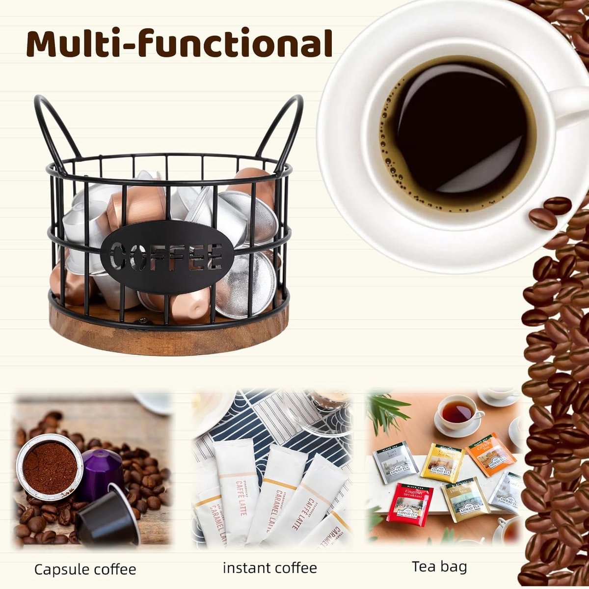 Storage basket - Storage rack - Coffee capsule storage rack - Fruit basket - Home storage accessories - Wooden base - Suitable for home