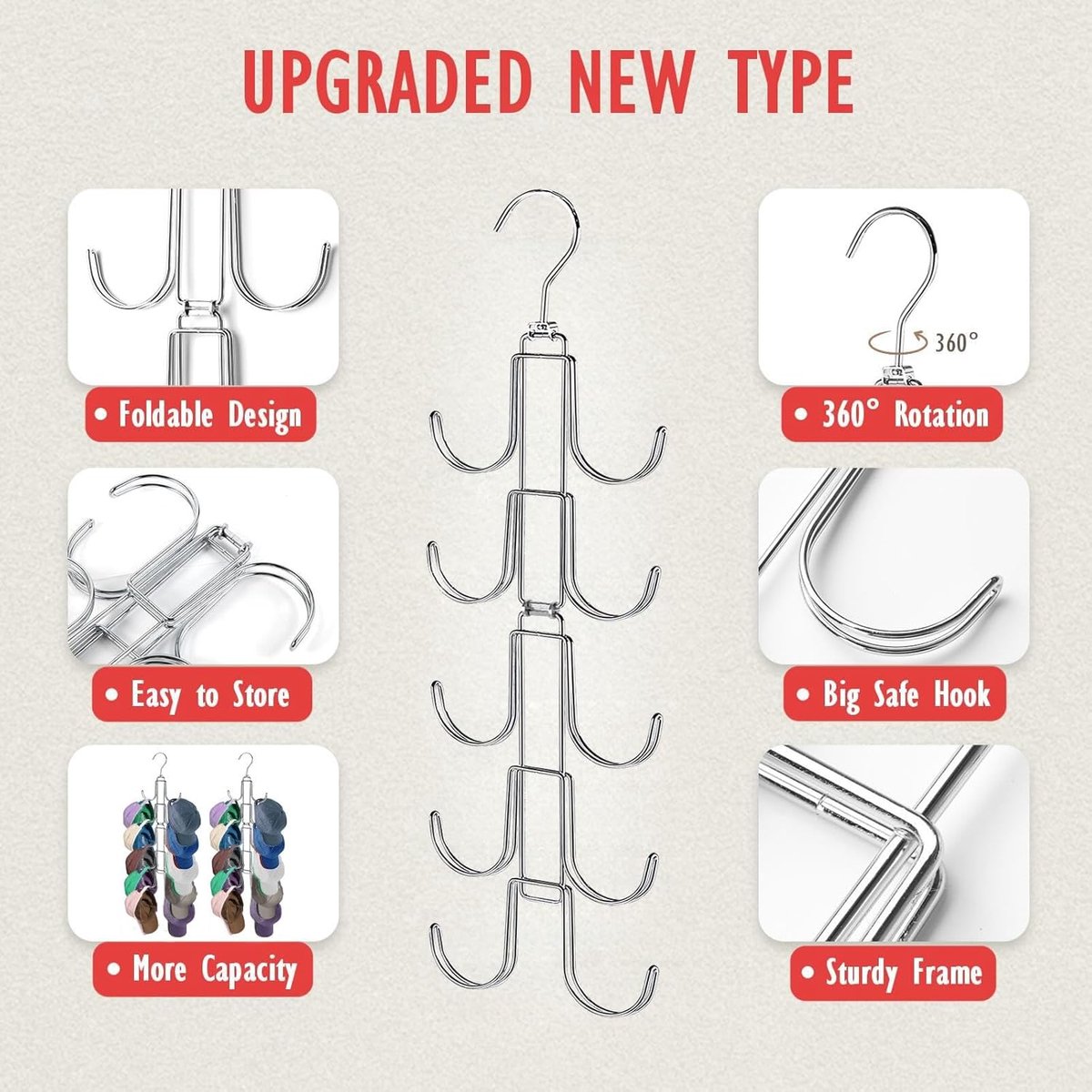 Storage Rack - Clothing and Hat Organizer - Bag Hanger - Foldable Hooks - Storage Accessories - Suitable for storing hats