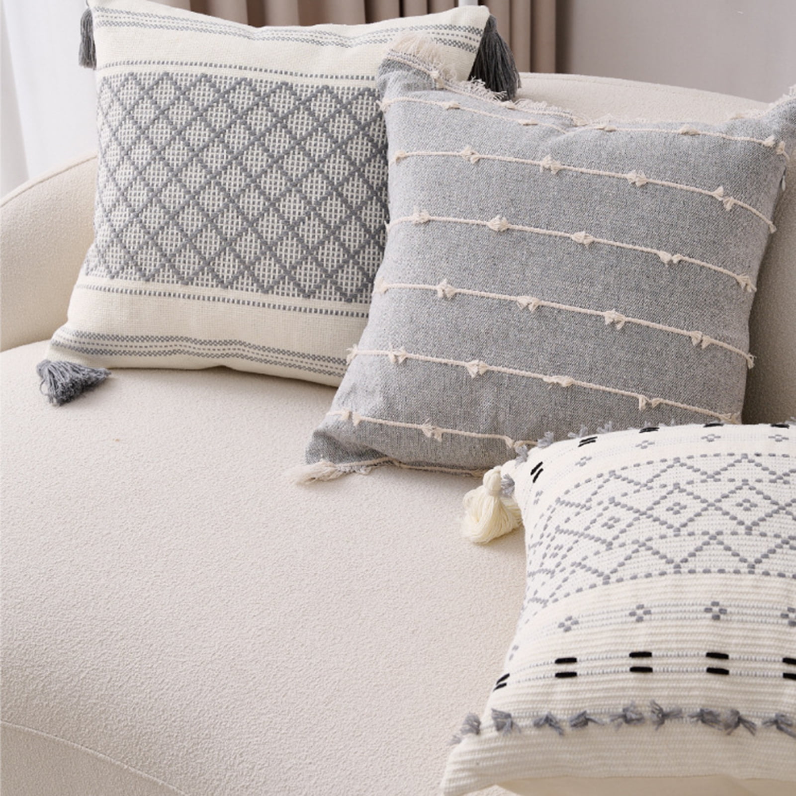 Walbest Boho Throw Pillow with Braided Rope Pattern And Tassels Soft Cotton Linen Textured Cushion for Sofa Bed Office 45x45cm F