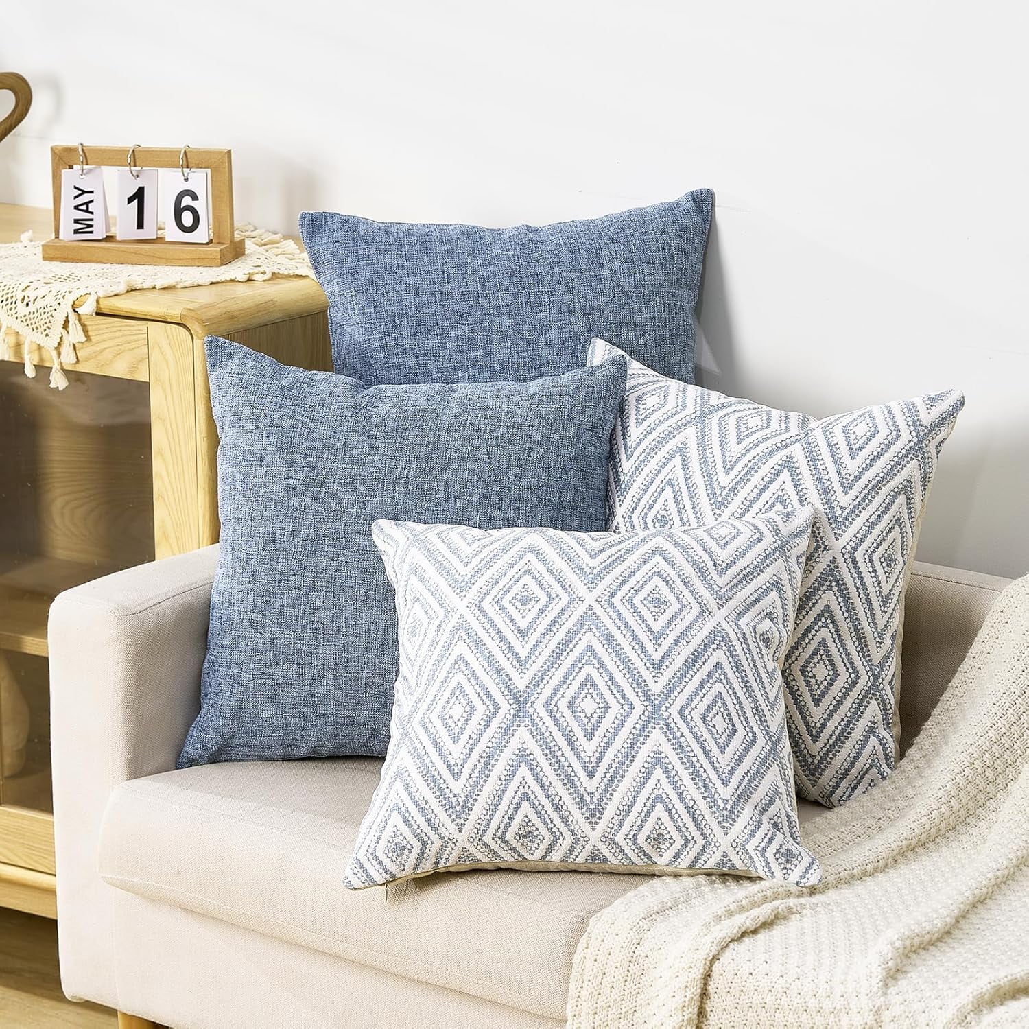 Decorative Set of 4 Square Couch Pillows Linen Cushion Cover for Couch Sofa Living Room