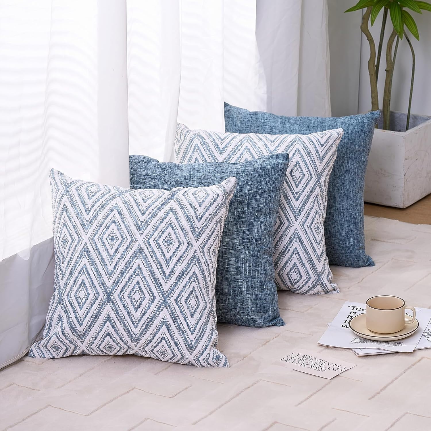 Decorative Set of 4 Square Couch Pillows Linen Cushion Cover for Couch Sofa Living Room