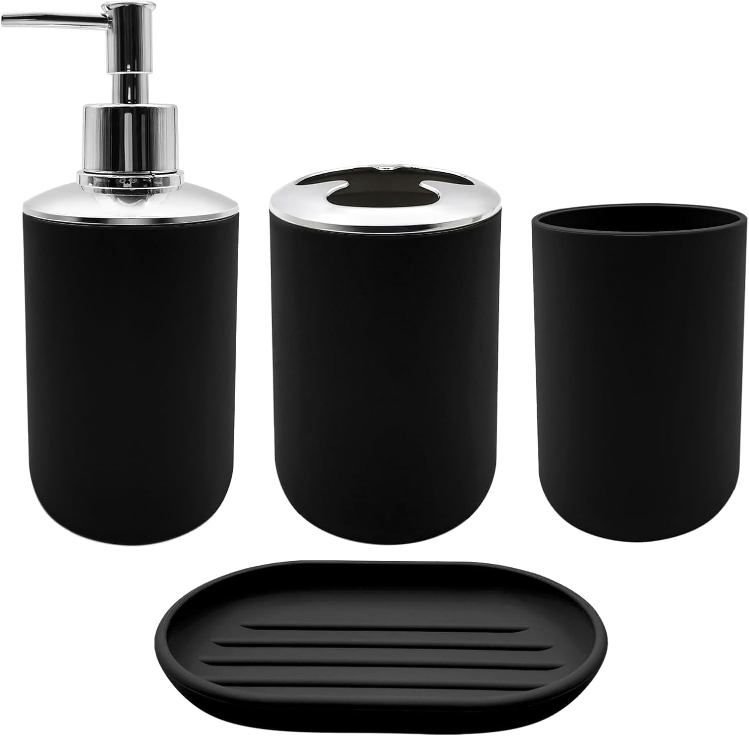 Set 4 Pcs Green Bathroom Accessories,Cute Bathroom Decor,Plastic Soap Dispenser and Toothbrush Holder Set,Soap Dish and Mouthwash Cup Black