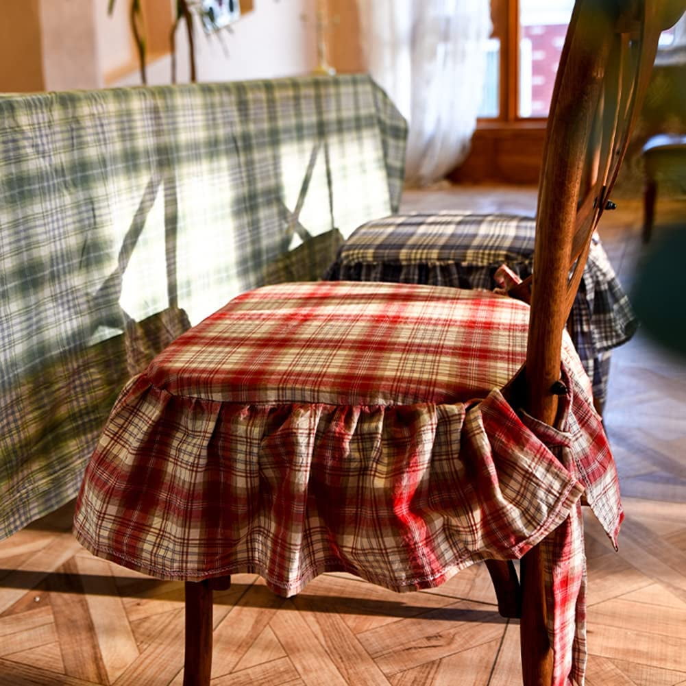 Buffalo Plaid Ruffled Chair Cushion with Ties Country Style Tartan Kitchen Dining Chair Pad Super Soft Seat Cushion with Removable Cotton Cover (Red