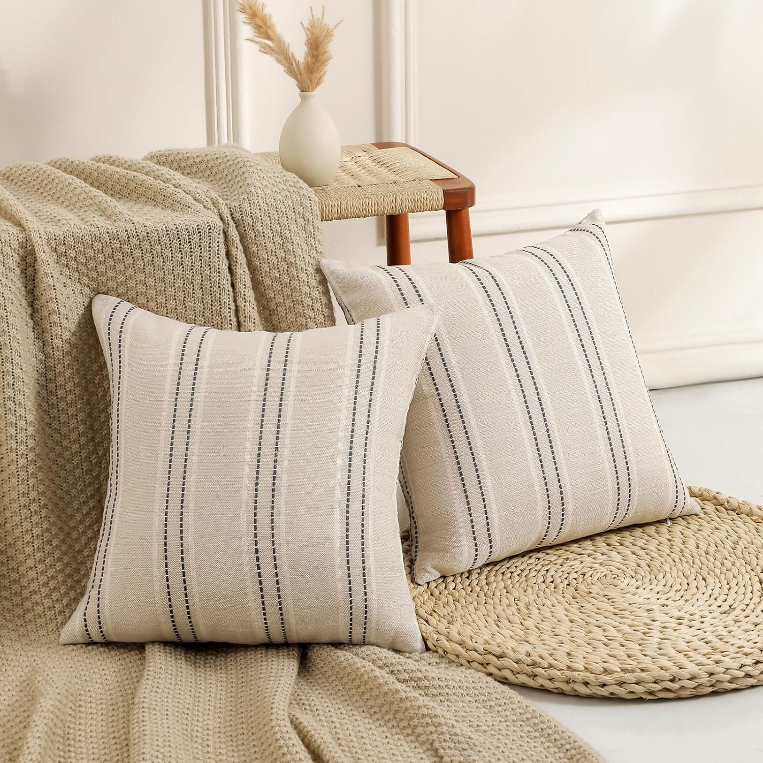 Throw Pillow Covers 20x20 Set of 2 Striped Pillow Covers Textured Linen Decorative Pillows Square Cushion Covers for Sofa Couch Bed Living Room Farmhouse Decor