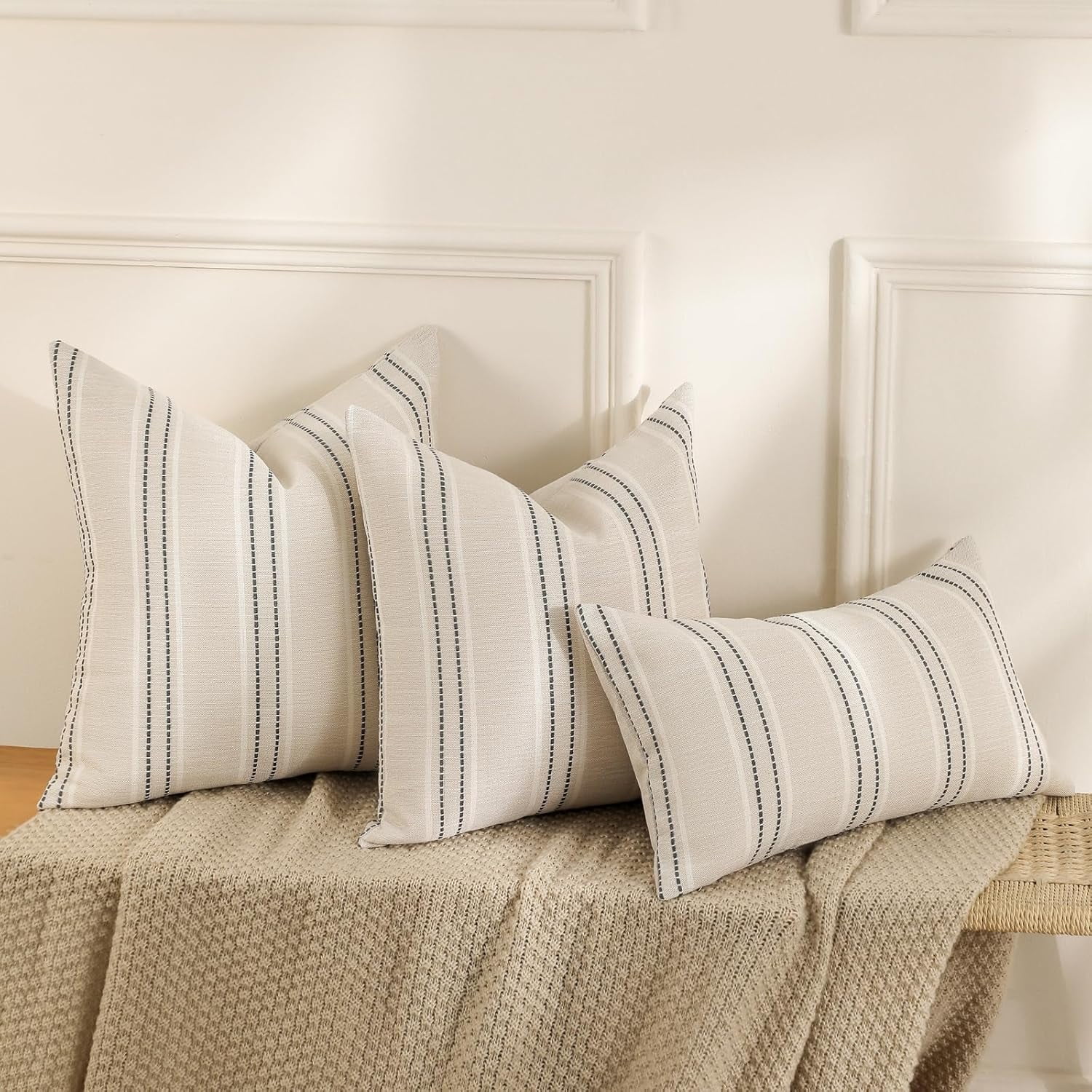 Throw Pillow Covers 20x20 Set of 2 Striped Pillow Covers Textured Linen Decorative Pillows Square Cushion Covers for Sofa Couch Bed Living Room Farmhouse Decor