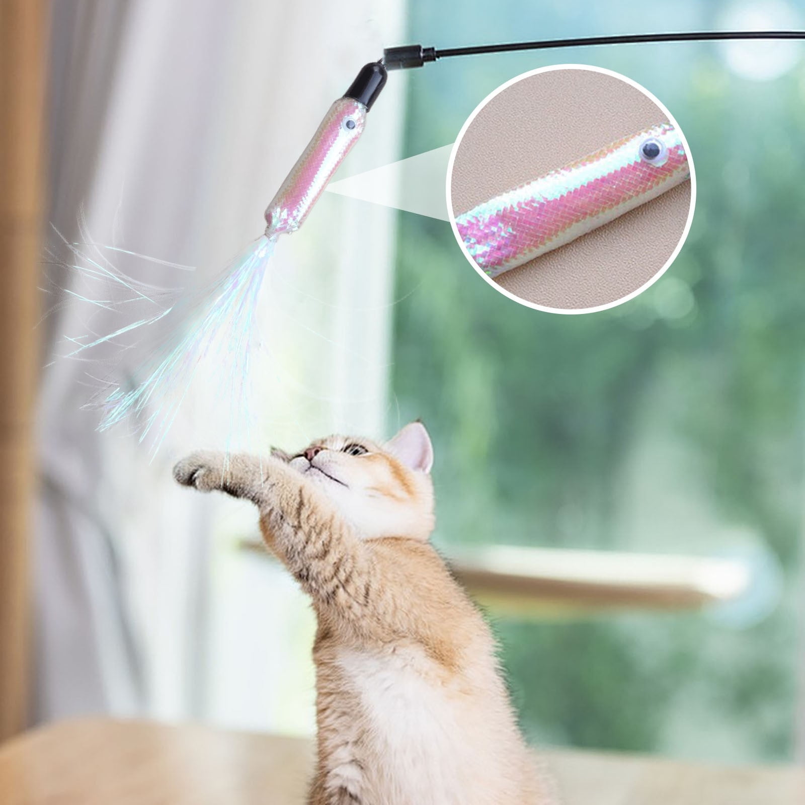 Cat Wand Toy, Replacement Head Tassel Cats Rod Accessories, Replaceable Colorful Rainbow Tassels, Funny and Interesting Cat Toys, for Indoor Cats, Pet Supplies (1 Replacement Head) Silver