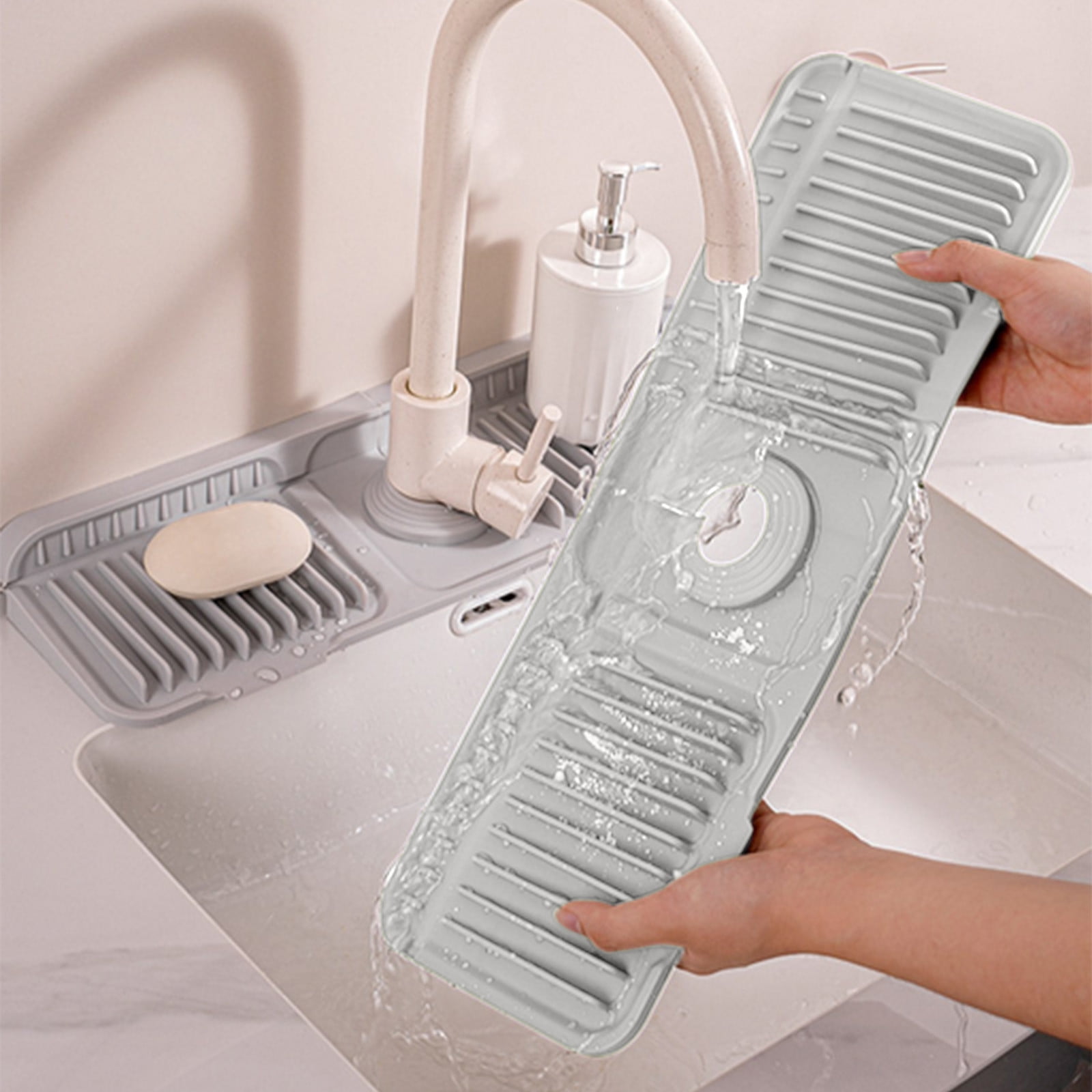 Silicone Sink Splash Guard, Kitchen Sink Accessory with Drip Tray, Button Style Silicone Faucet Drains Mat, Bathroom Kitchen Splashs Guard Countertop Storage Mat Green