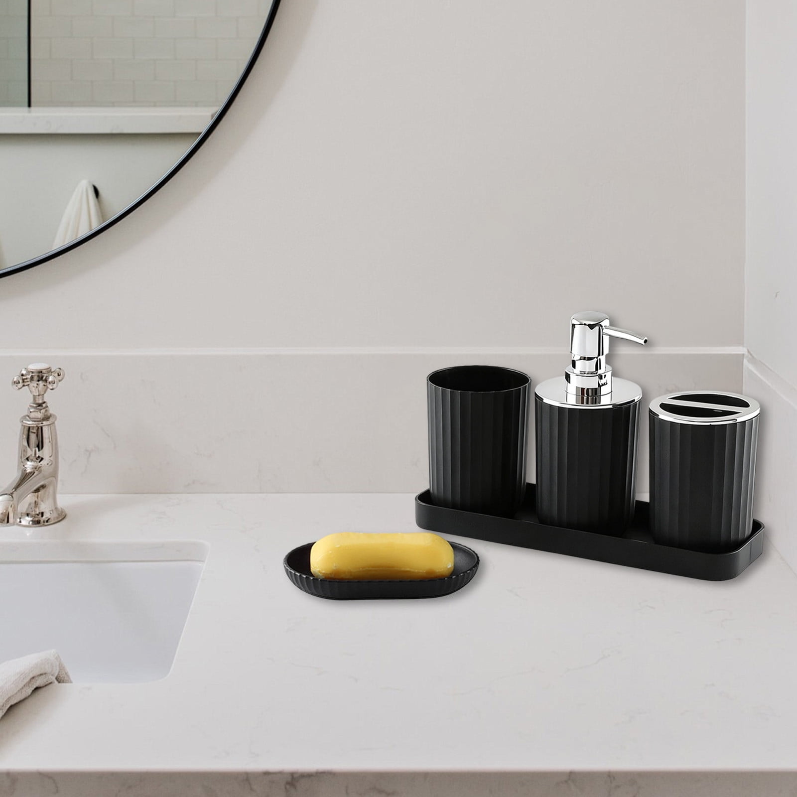 Bathroom Accessory Set of 5, Plastic Bathroom Sink Set with Soap Dispenser and Toothbrush Holder, for Bath Countertop Decoration, Contain Toothbrush Holder Set, Soap Dispenser Dish Gray
