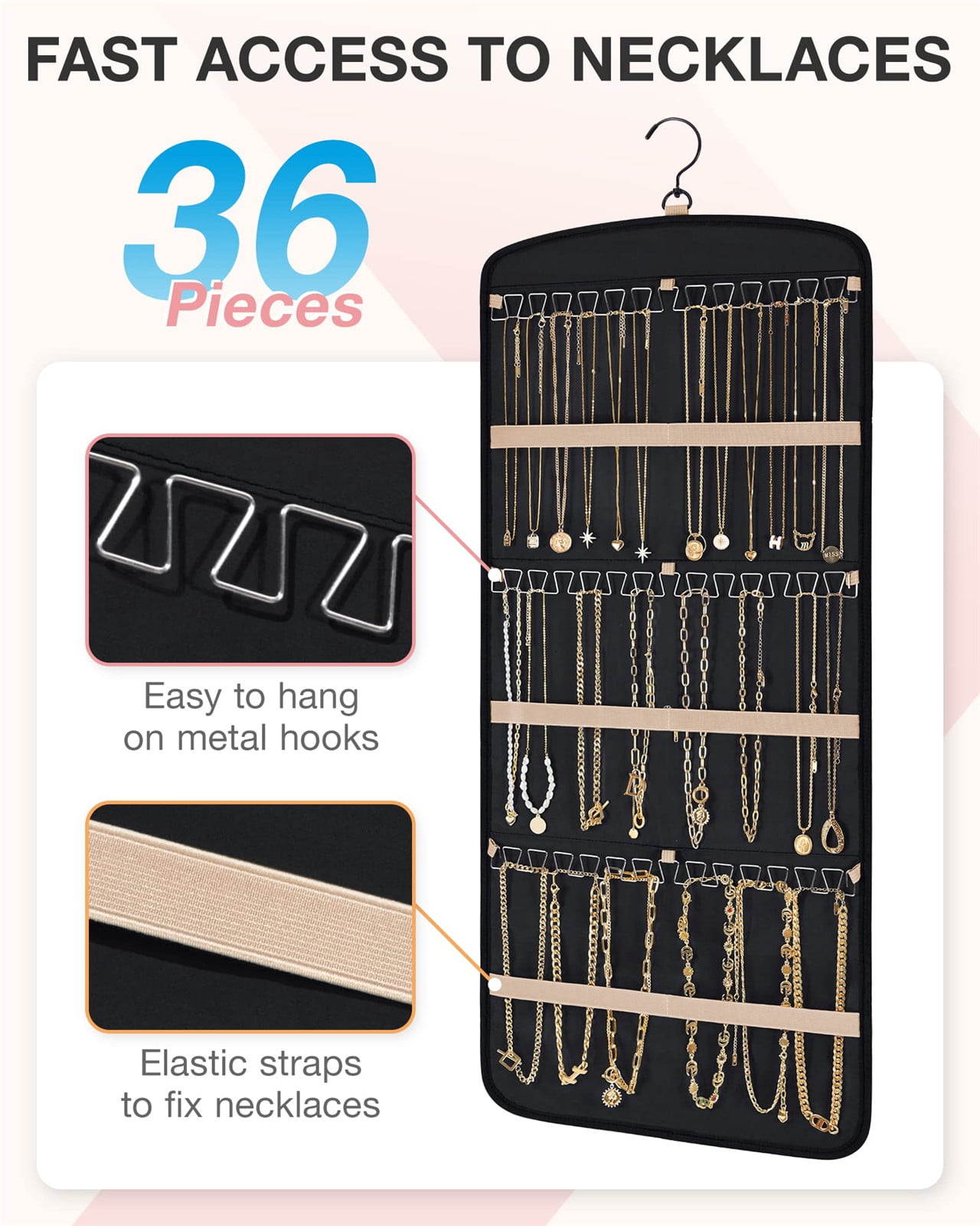 Hanging Jewelry Organizer Necklace Holder Anti-tangle Earrings Rings Hanger with 20 Jewelry Bags Travel Storage Roll with Pockets Hang on Closet