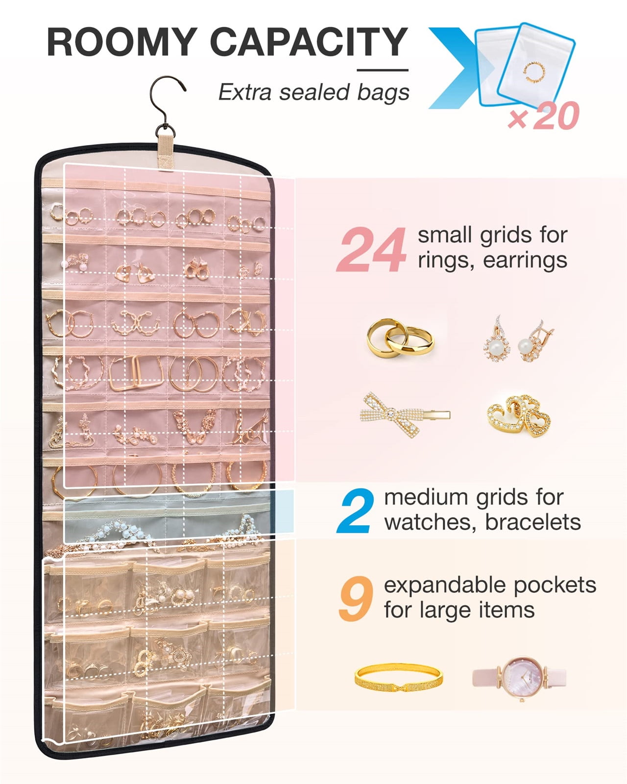 Hanging Jewelry Organizer Necklace Holder Anti-tangle Earrings Rings Hanger with 20 Jewelry Bags Travel Storage Roll with Pockets Hang on Closet