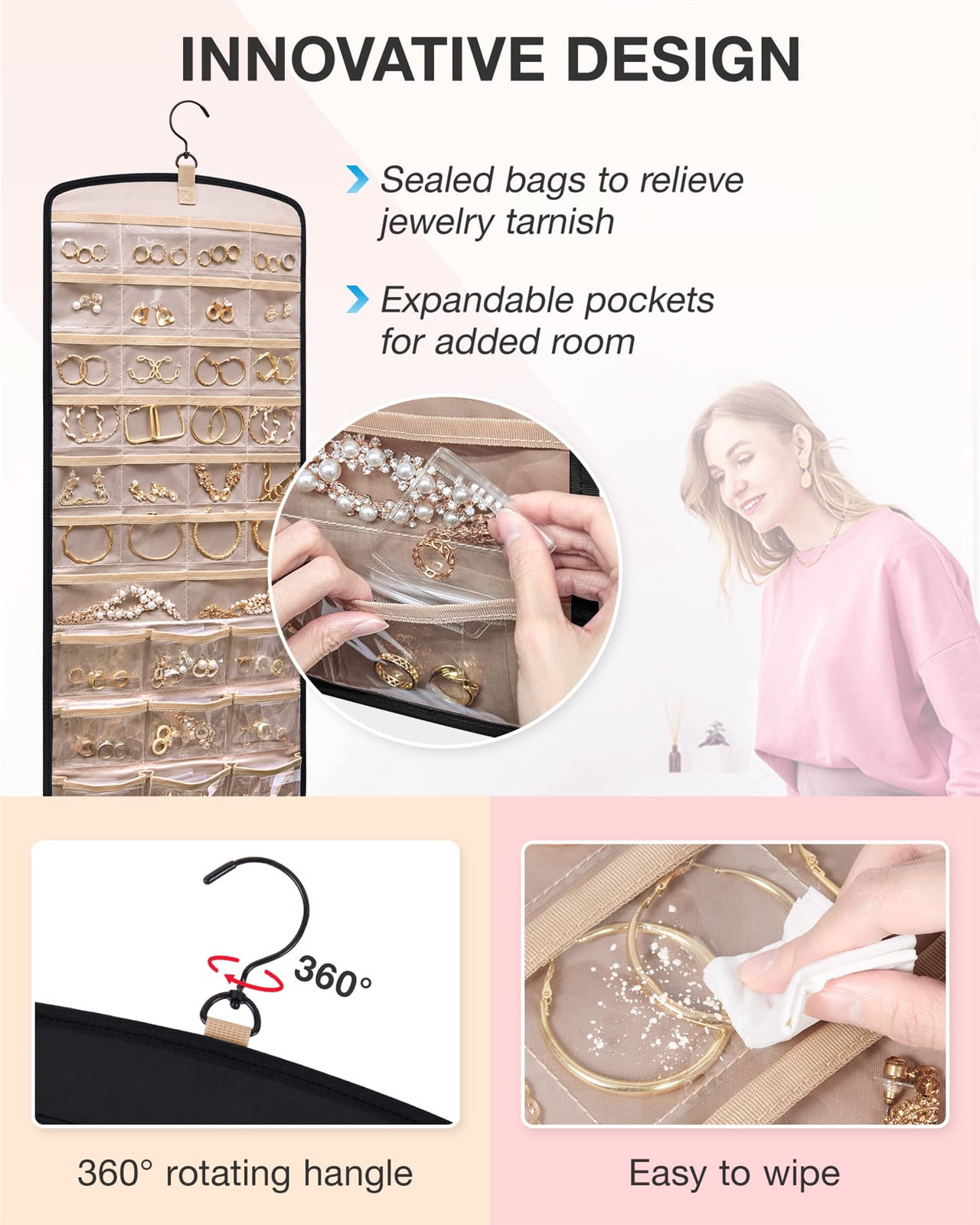Hanging Jewelry Organizer Necklace Holder Anti-tangle Earrings Rings Hanger with 20 Jewelry Bags Travel Storage Roll with Pockets Hang on Closet