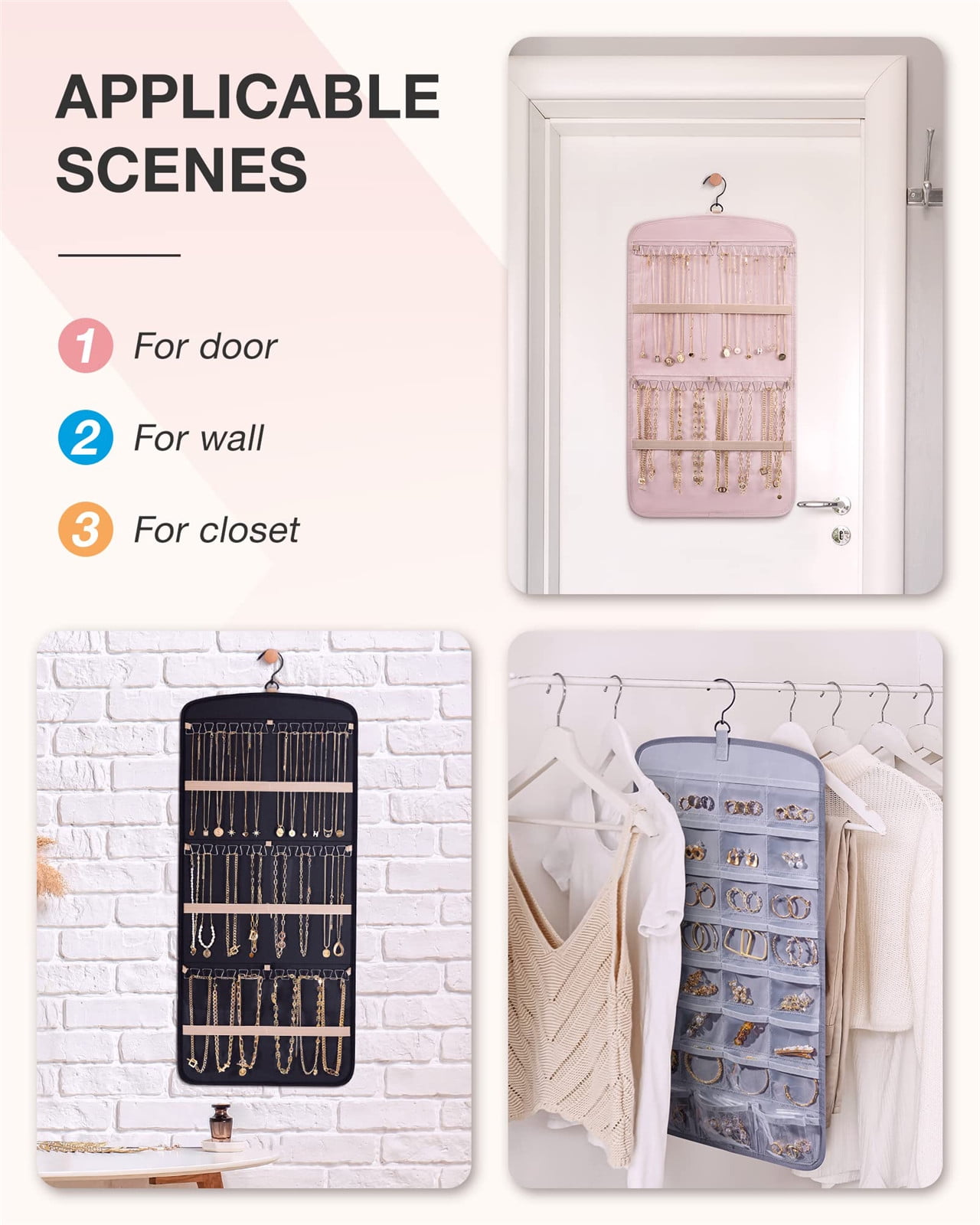 Hanging Jewelry Organizer Necklace Holder Anti-tangle Earrings Rings Hanger with 20 Jewelry Bags Travel Storage Roll with Pockets Hang on Closet