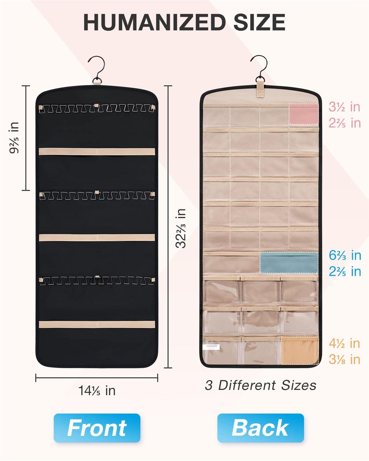 Hanging Jewelry Organizer Necklace Holder Anti-tangle Earrings Rings Hanger with 20 Jewelry Bags Travel Storage Roll with Pockets Hang on Closet