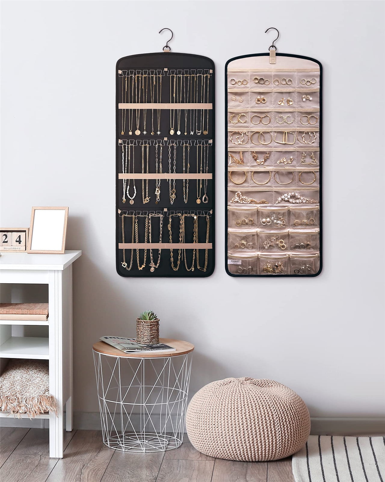 Hanging Jewelry Organizer Necklace Holder Anti-tangle Earrings Rings Hanger with 20 Jewelry Bags Travel Storage Roll with Pockets Hang on Closet