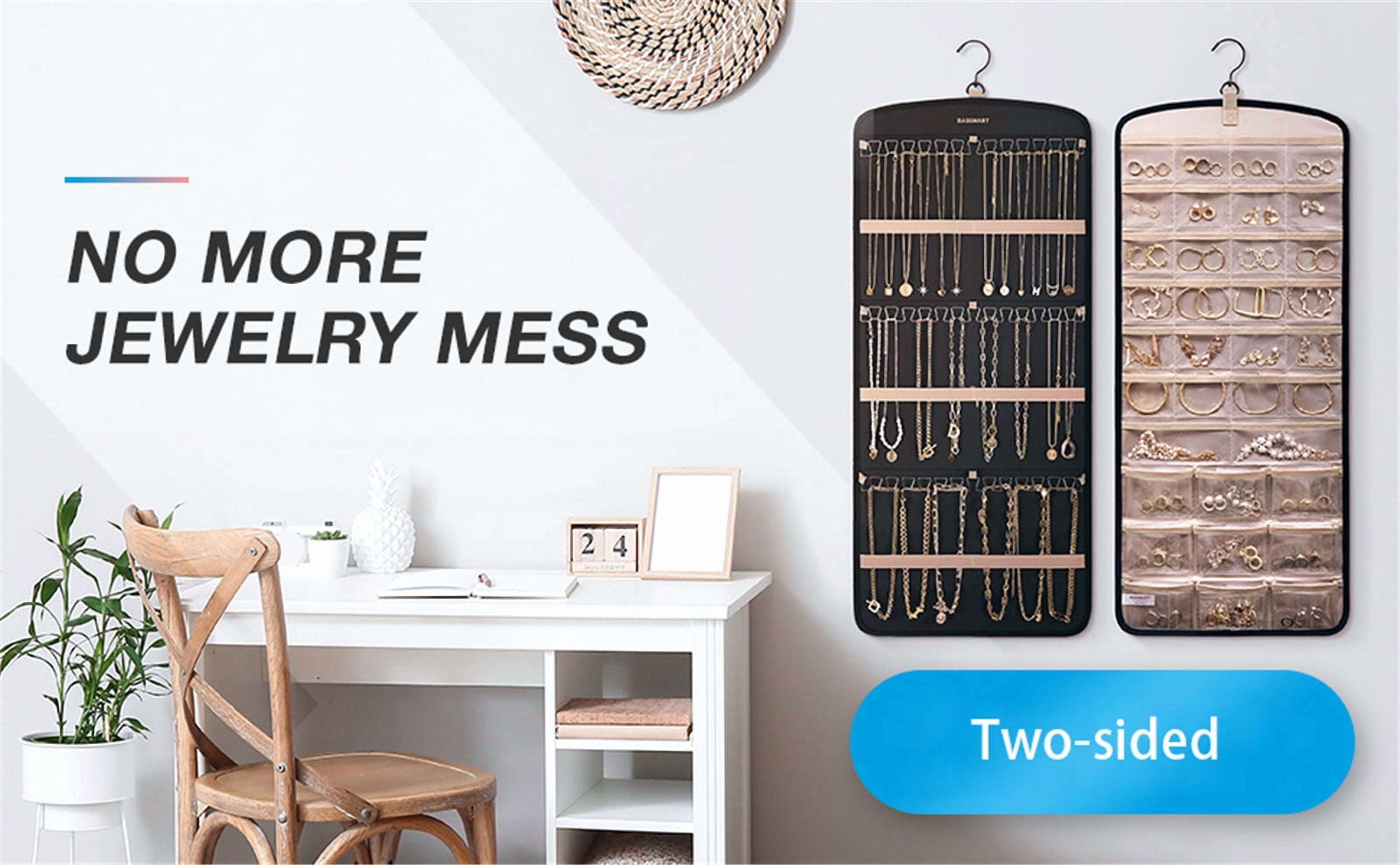 Hanging Jewelry Organizer Necklace Holder Anti-tangle Earrings Rings Hanger with 20 Jewelry Bags Travel Storage Roll with Pockets Hang on Closet