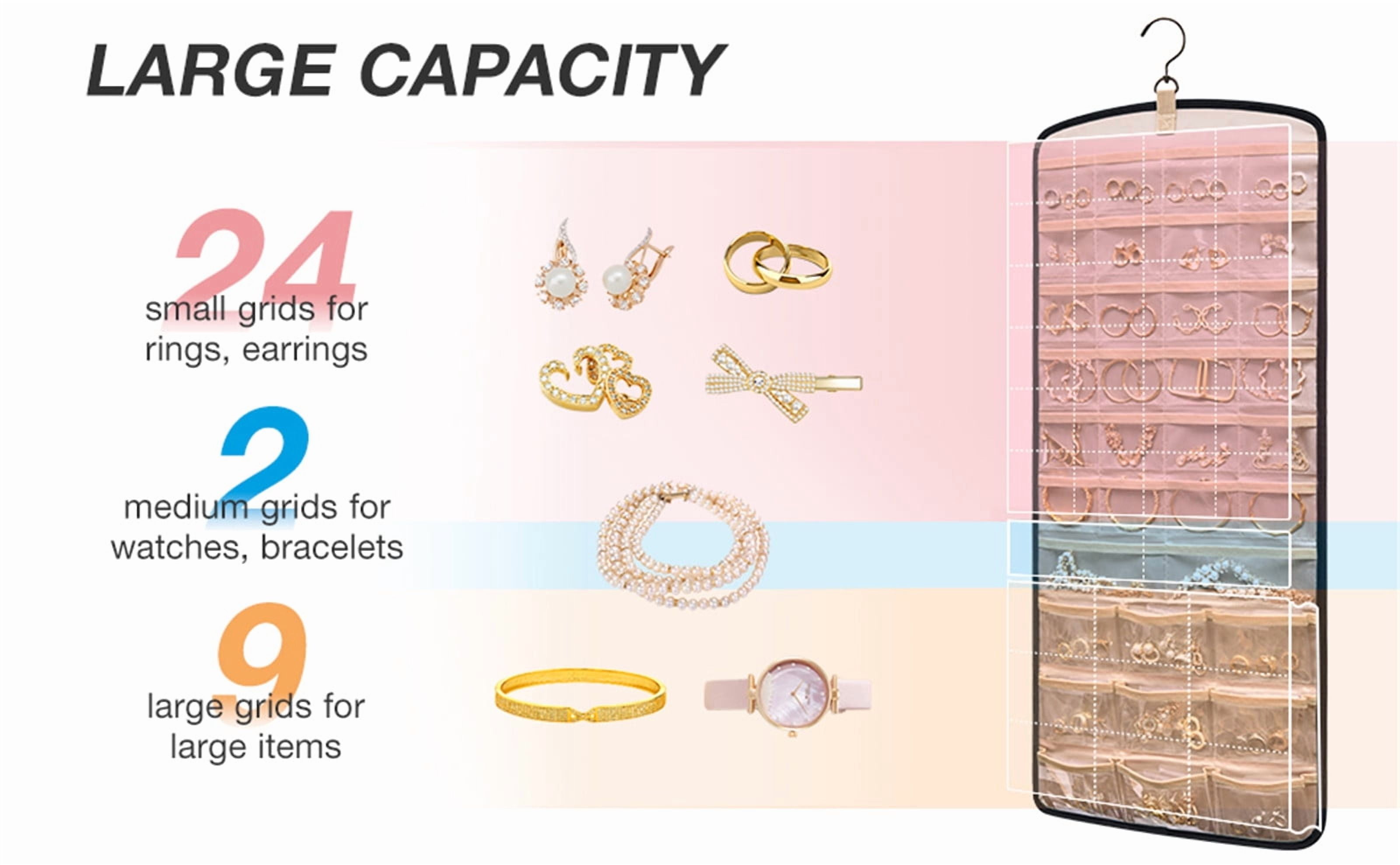 Hanging Jewelry Organizer Necklace Holder Anti-tangle Earrings Rings Hanger with 20 Jewelry Bags Travel Storage Roll with Pockets Hang on Closet