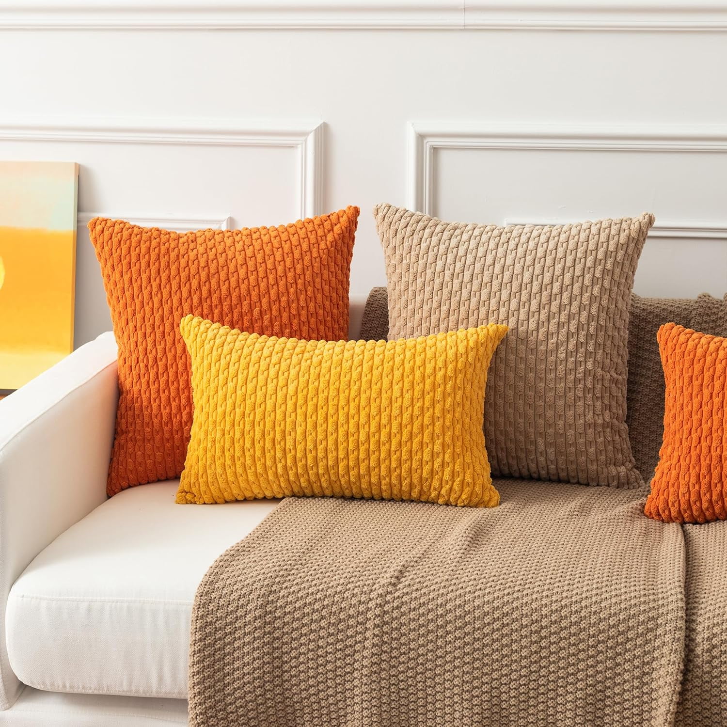 Holzlrgus Fall Set of 2 Striped Textured Velvet Corduroy Decorative Europe Sham Seasonal Autumn Throw Pillow Cushion Cover for Couch